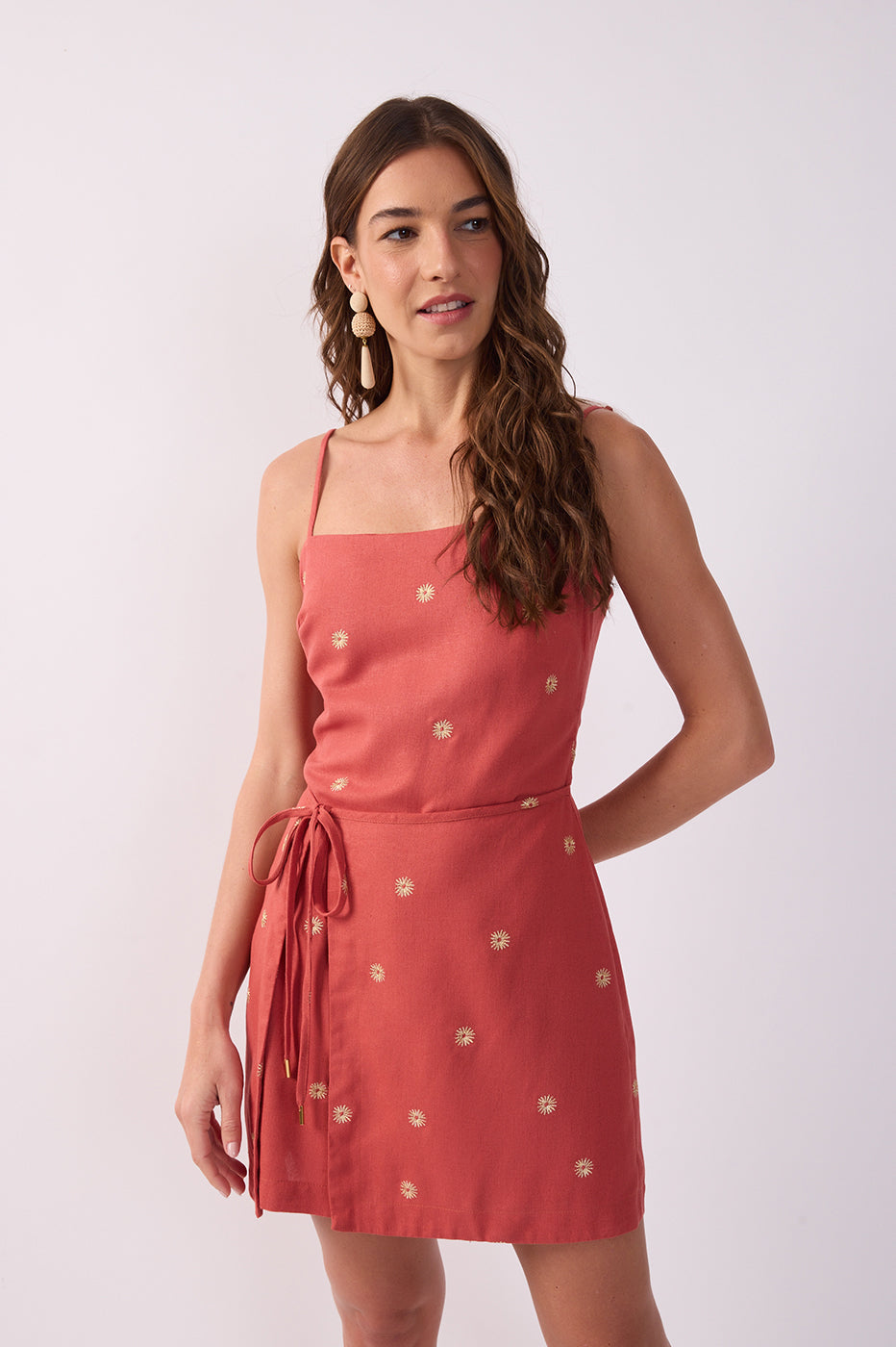Brown Ceramica Lurex Embroidered Wrap Linen Mini Dress_4