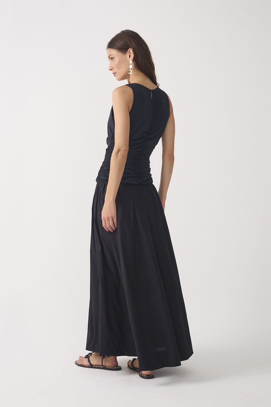 Black V Neck Ruched Waist Sleeveless Fluity Maxi Dress_5