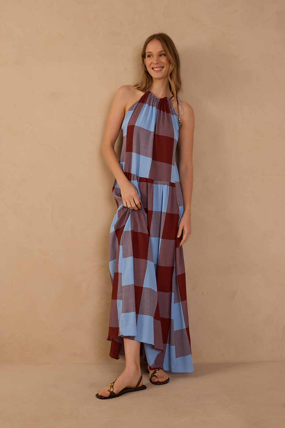 Marias Plaid Neck Ties Maxi Dress Desert Brown / L