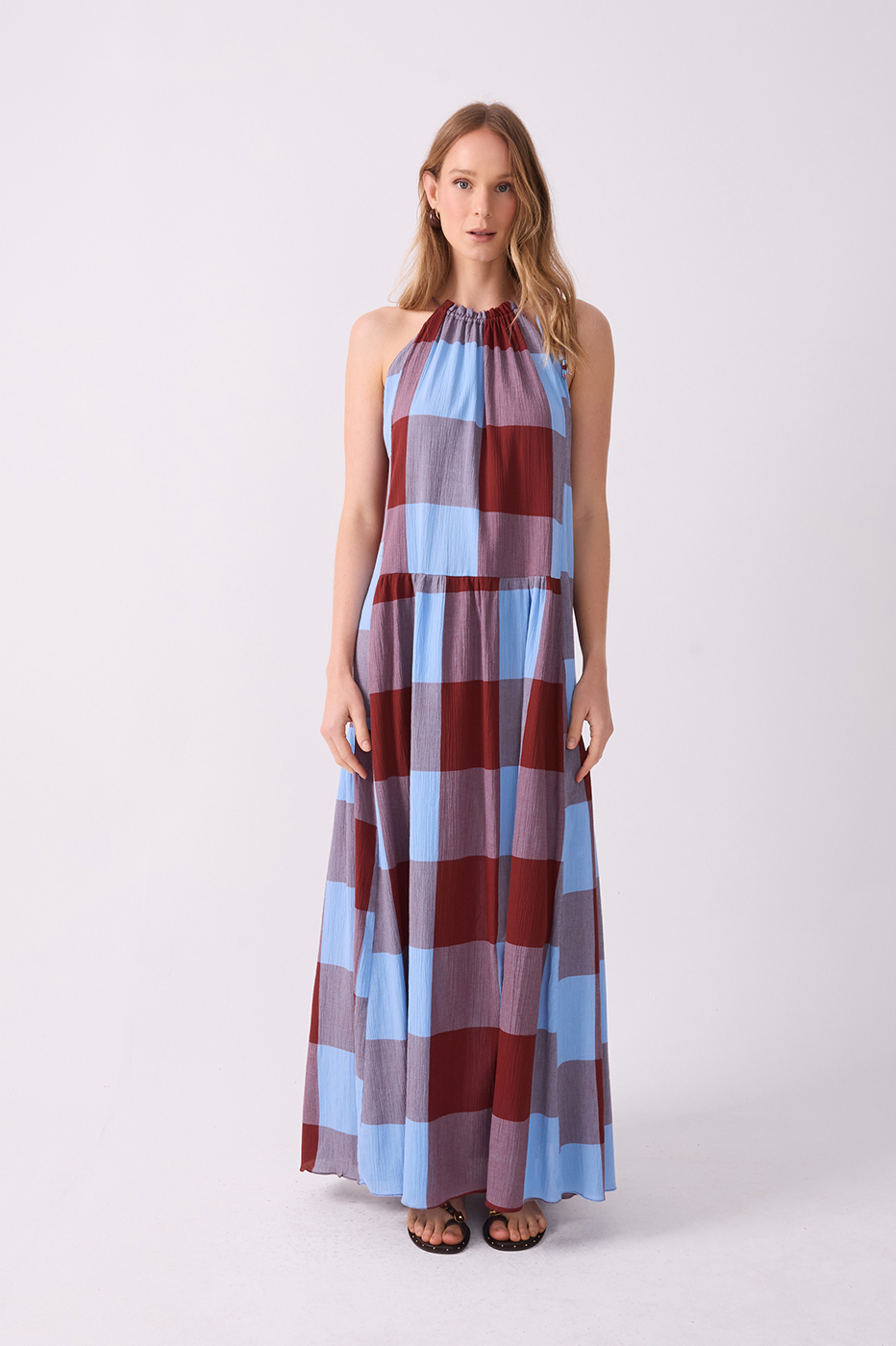 Brown Deserto Printed Collar Tie Cotton Dress_2