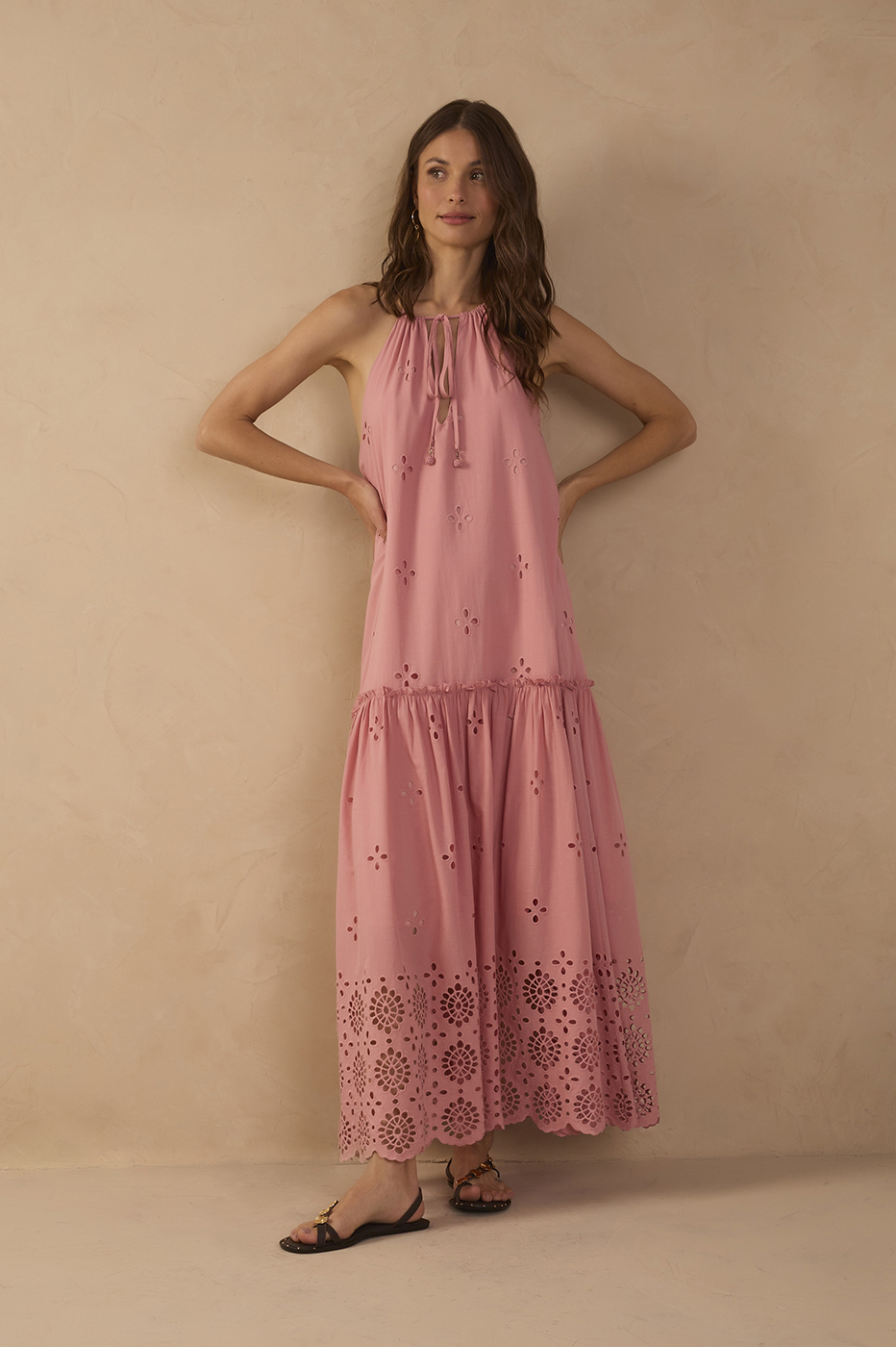 Cut-Out Neck Ties Cotton Maxi Dress
