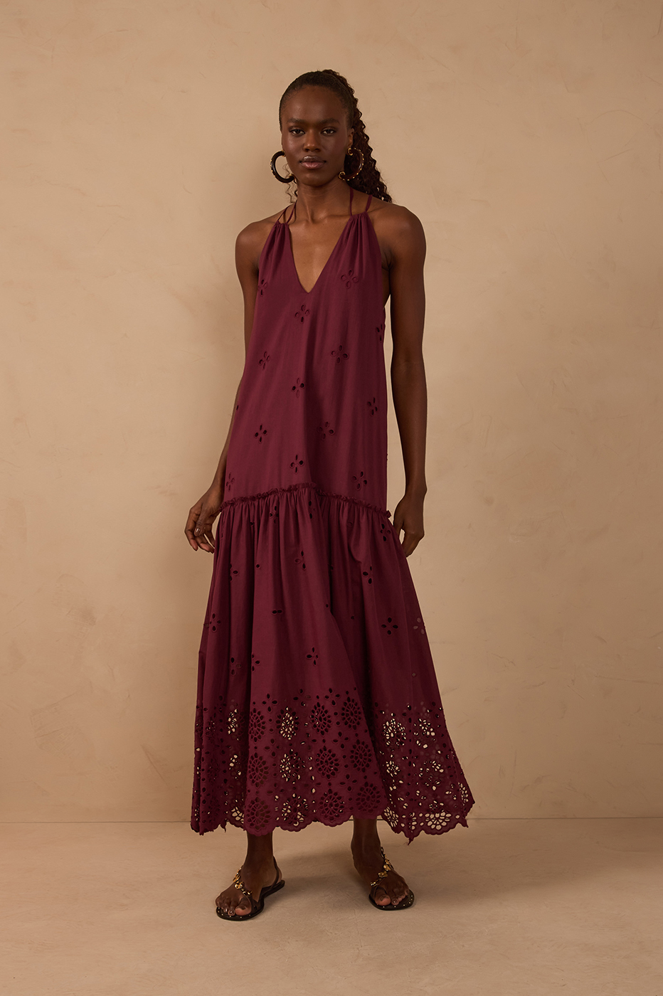 cotton autumn dress Cut-Out Neck Ties Cotton Maxi Dress in Autumn Wine