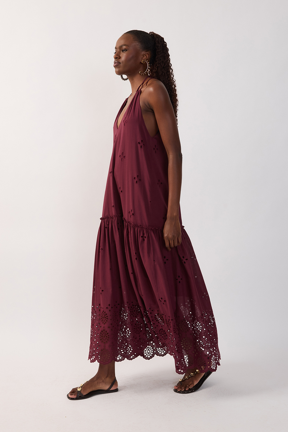 cotton autumn dress Cut-Out Neck Ties Cotton Maxi Dress in Autumn Wine