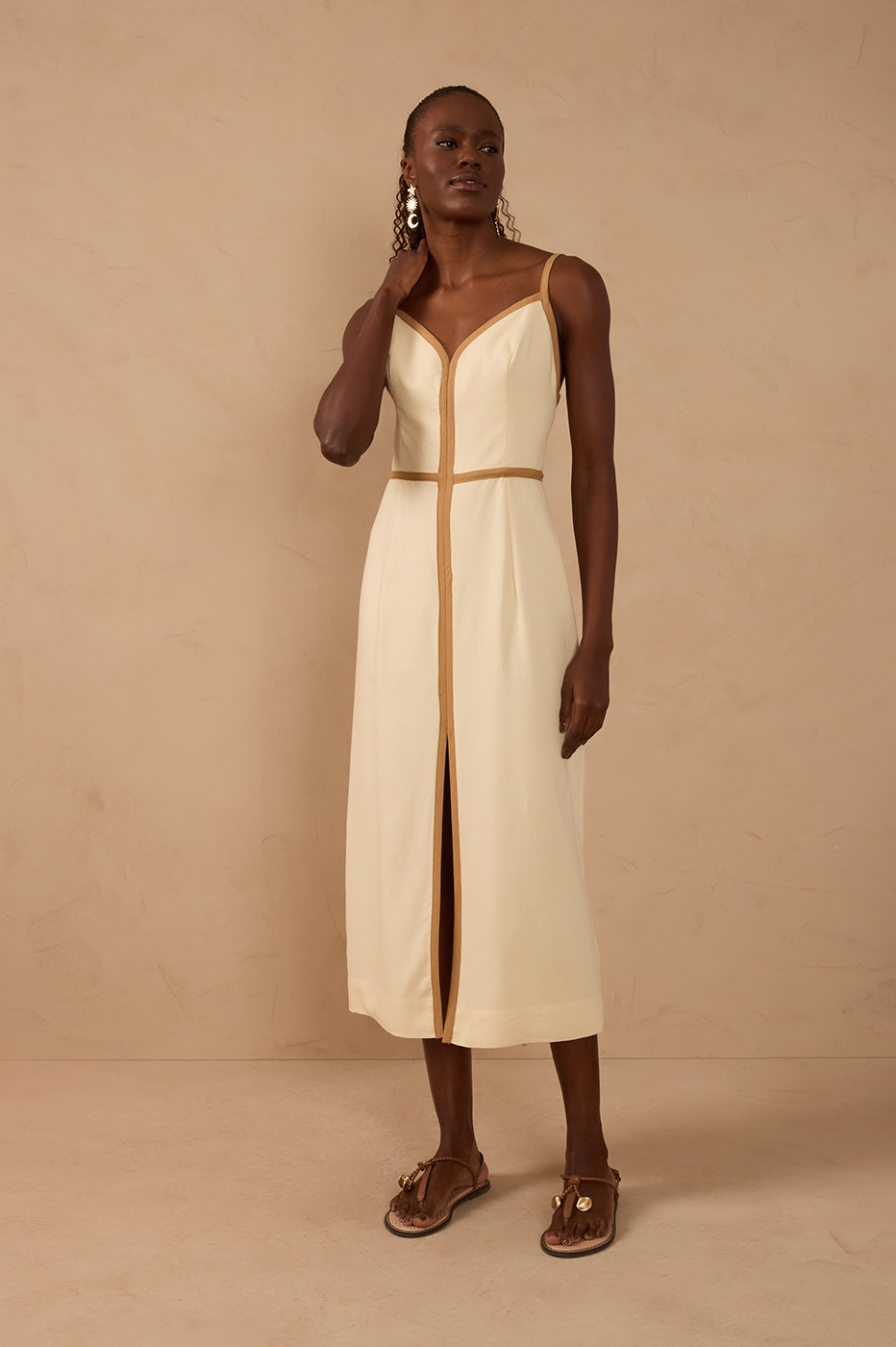 Off-white Nevoa V Neck Front Slit Sleeveless Linen Maxi Dress_1