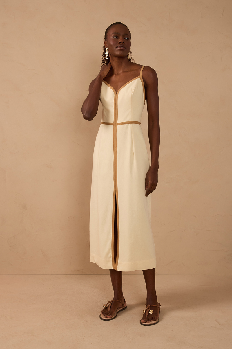 Off-White Front Slit Linen Maxi Dress_1