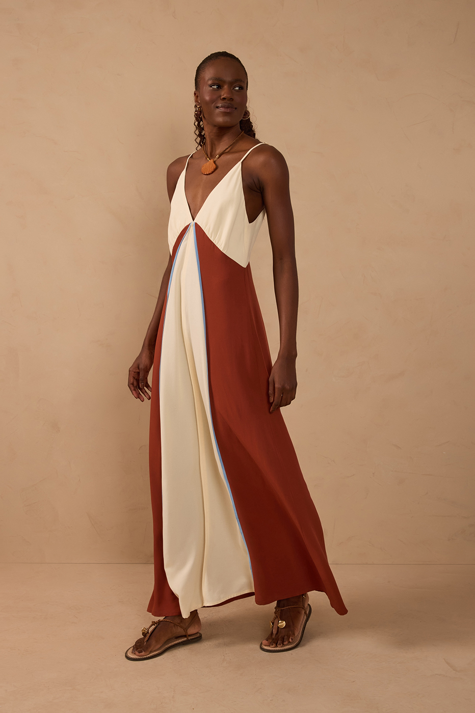Brown V Neck Sleeveless Maxi Dress