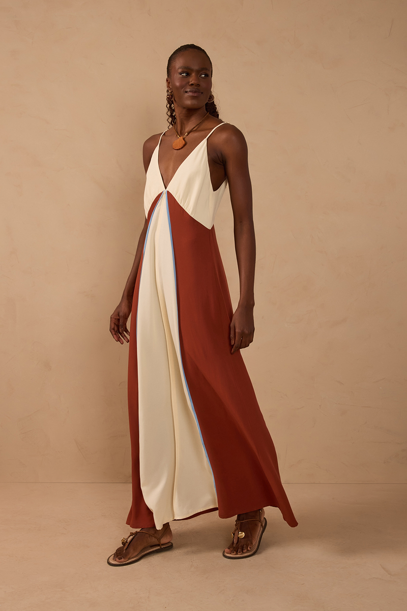 Brown V Neck Sleeveless Maxi Dress_1