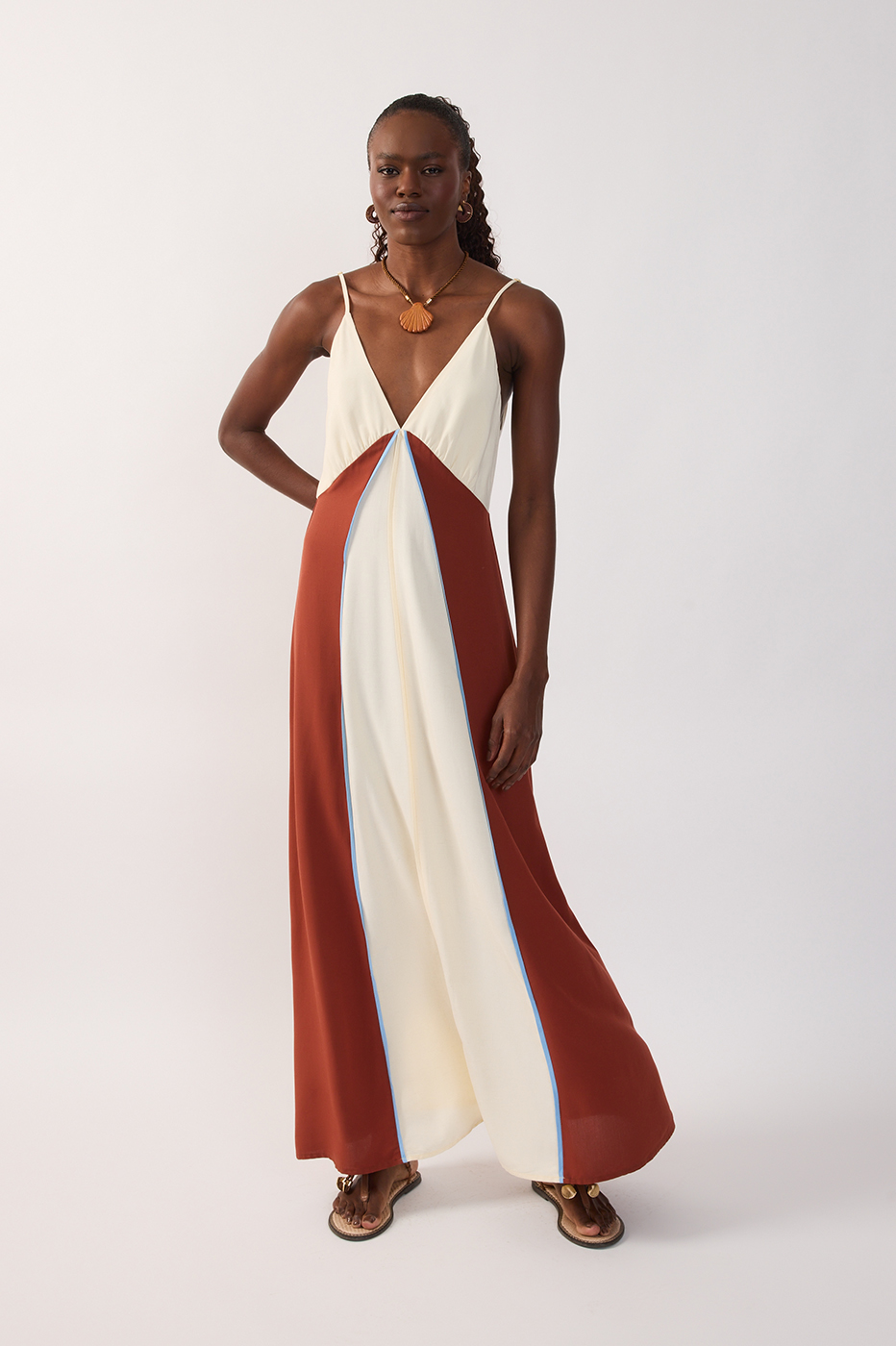 Brown Deserto Plunging Neck Sleeveless Maxi Dress_2