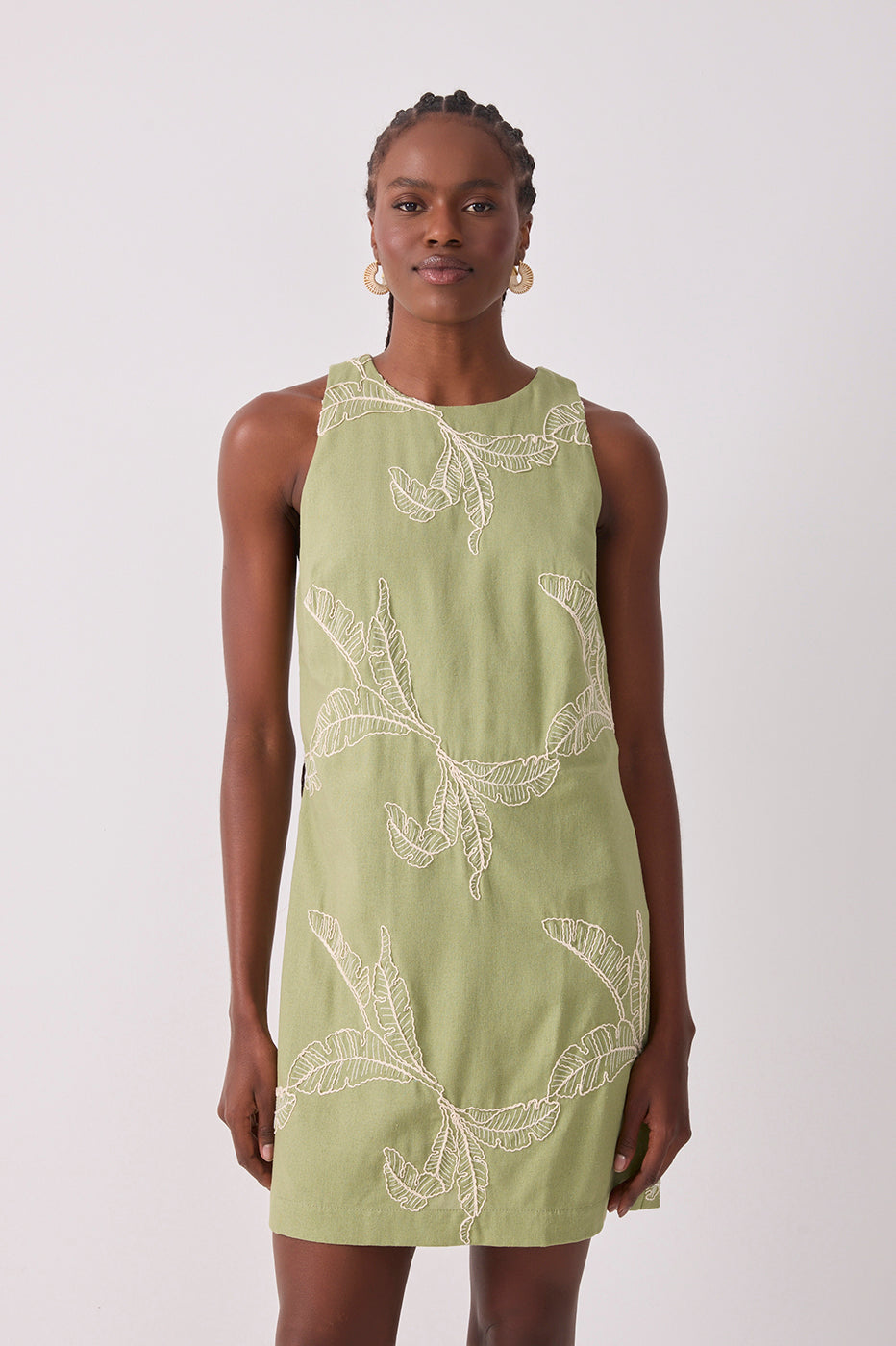 Short Linen Leaf Embroidery Dress_4