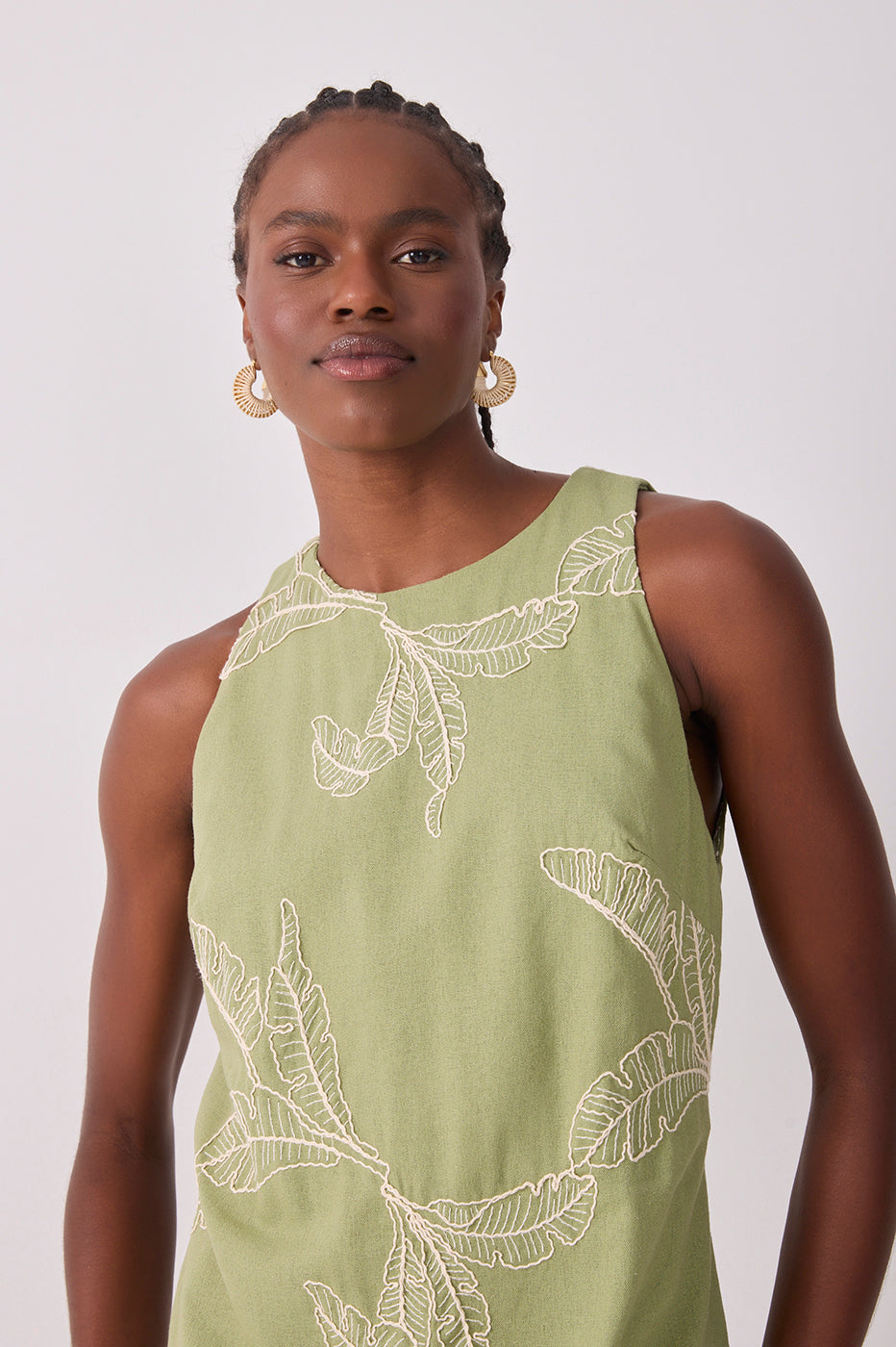 Short Linen Leaf Embroidery Dress_5