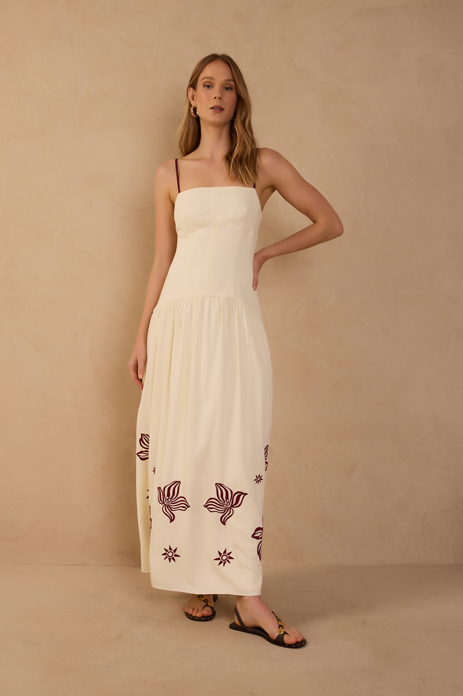 linen square neck maxi dress Off-White Embroidered Off-White / L Size:18.5