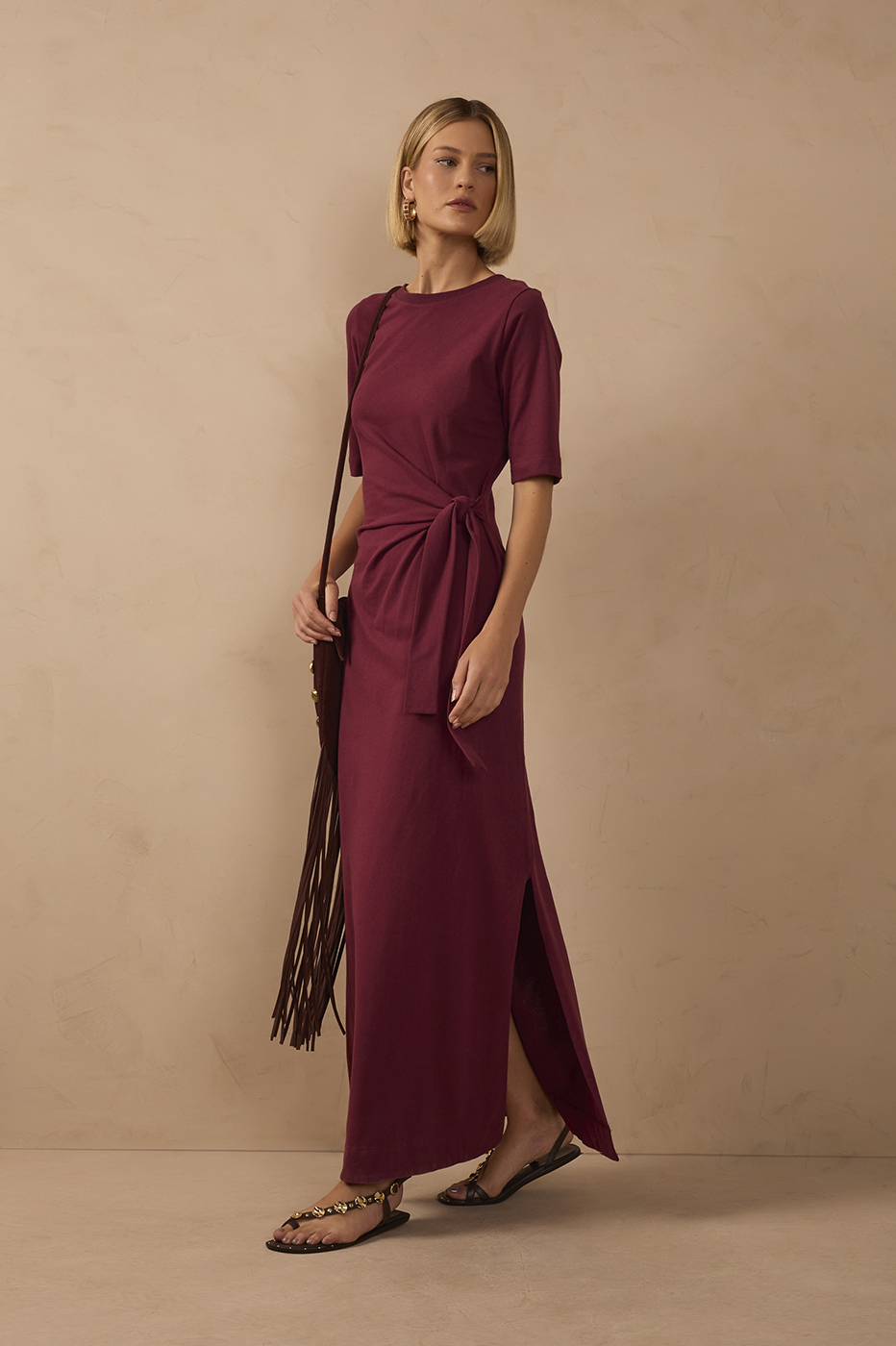 Crew Neck Ties Short Sleeve Maxi Dress_1