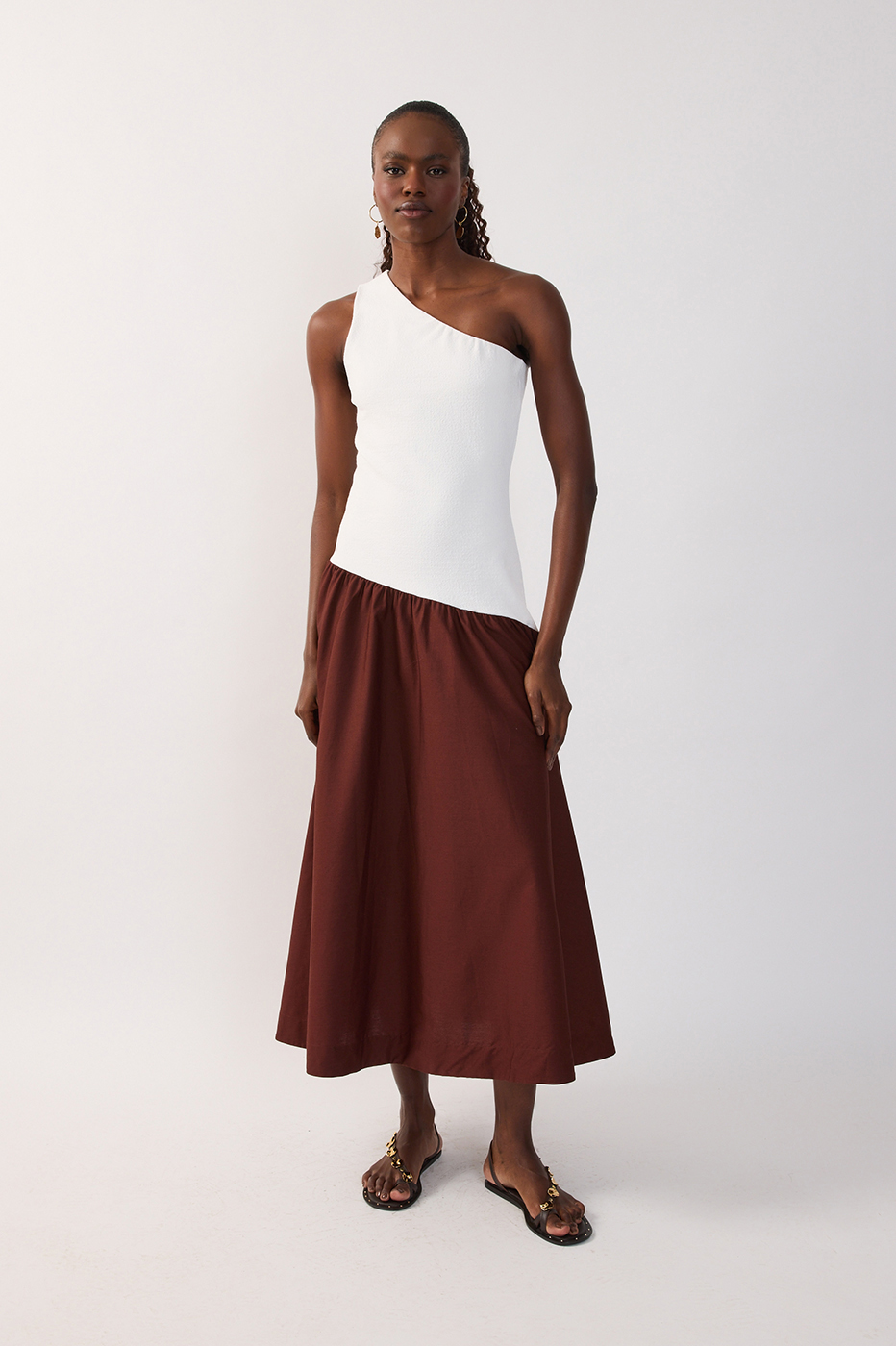 Brown Bicolor One-Shoulder Maxi Dress_2