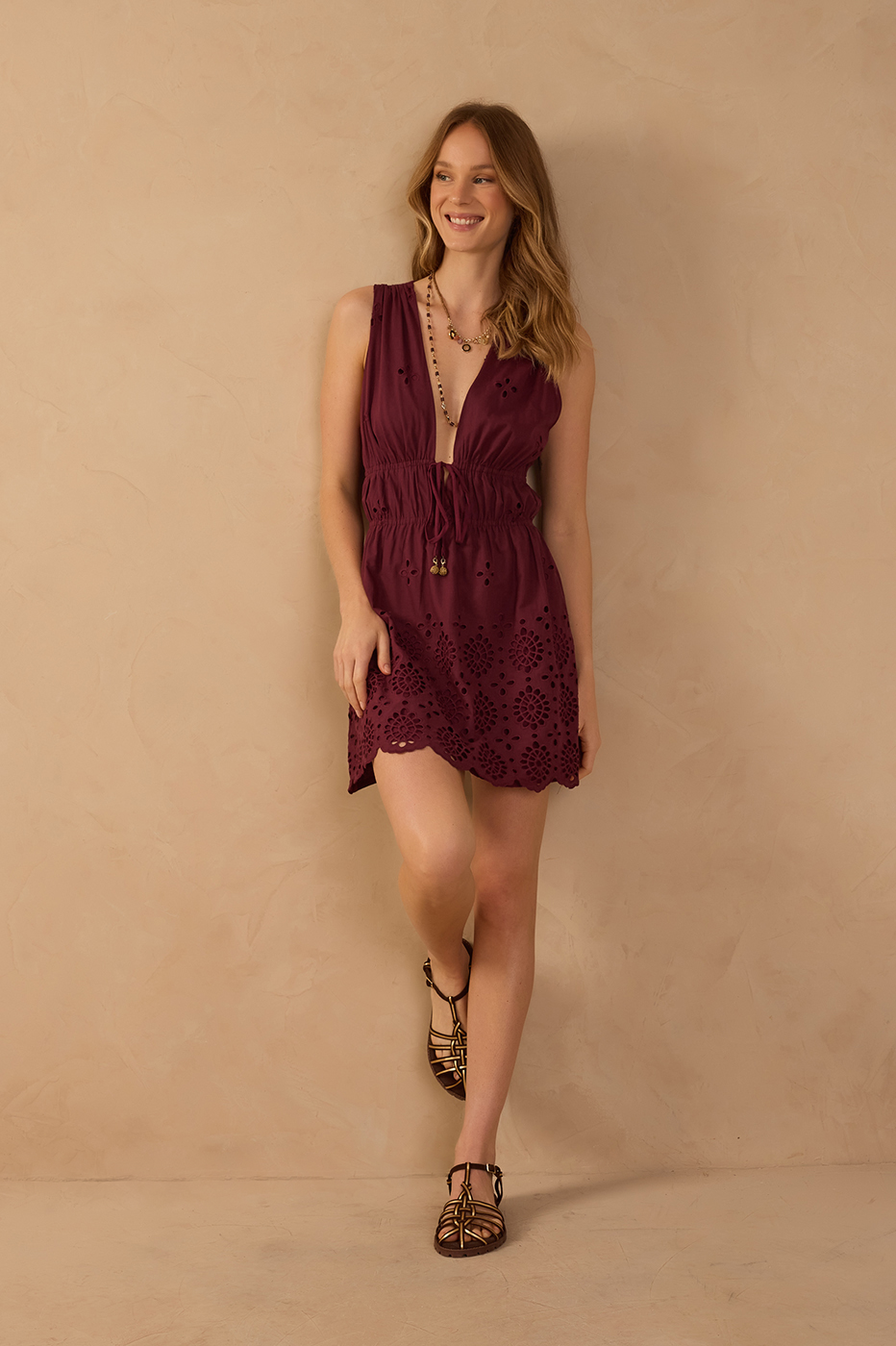 Cut-Out Drawstring Cotton Mini Dress Autumn Wine / L