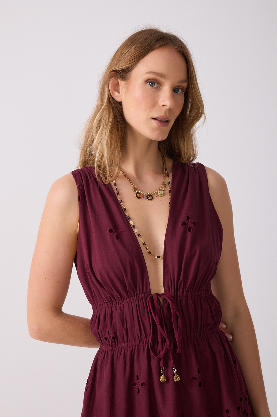 Cut-out Drawstring Sleeveless Cotton Mini Dress_5
