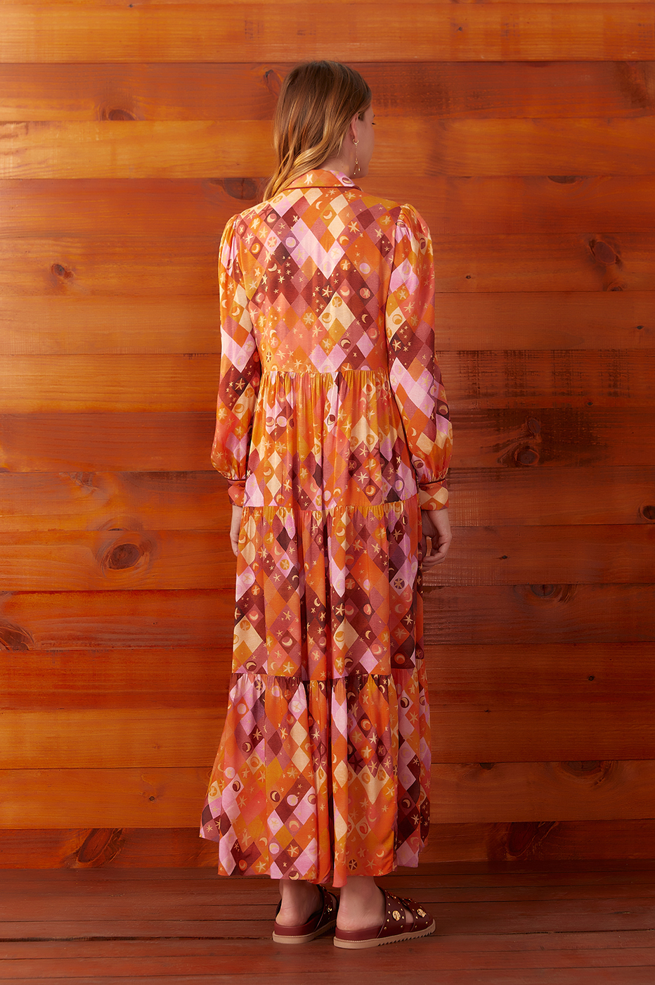 Orange Luna Buttoned Tiered Maxi Dress Luna Print / XS Orange Luna Buttoned Tiered Maxi Dress Luna Print / XS