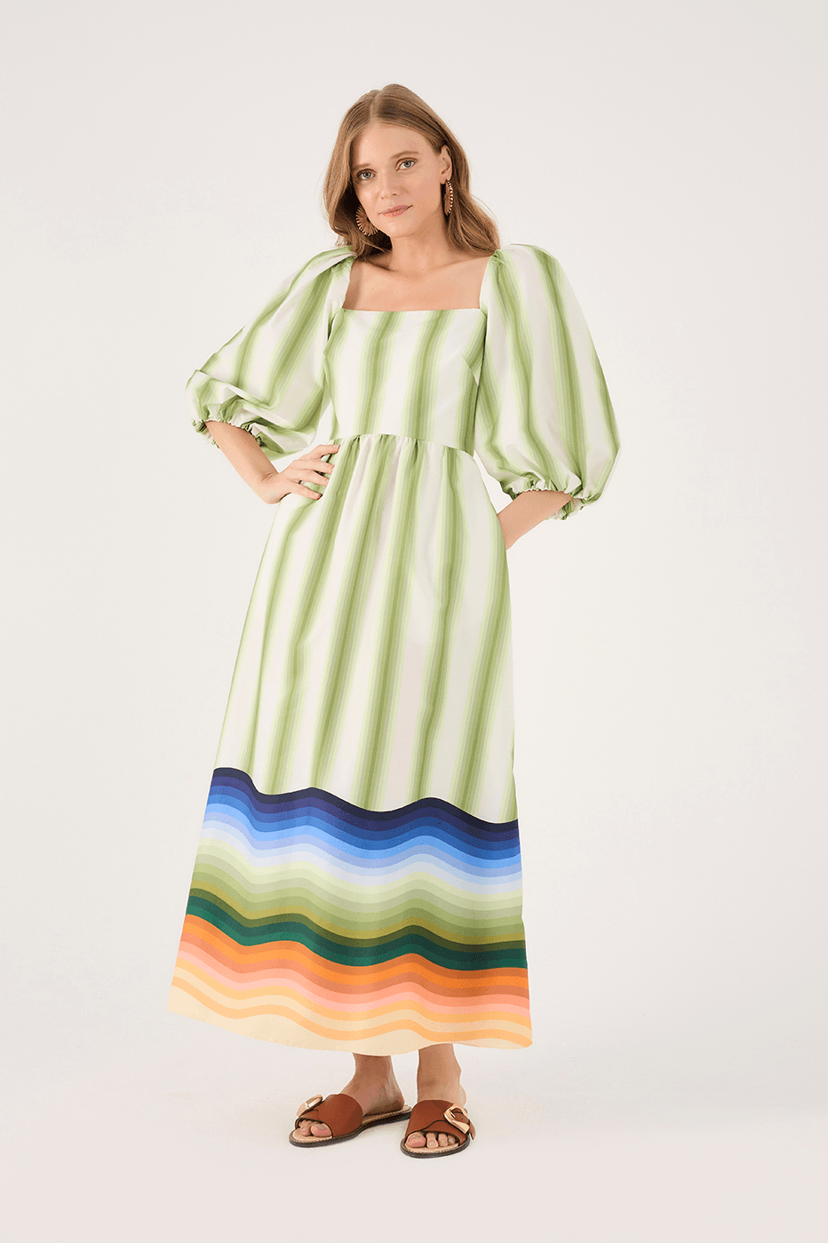 Multicolor Square Neck Cotton Midi Dress_1