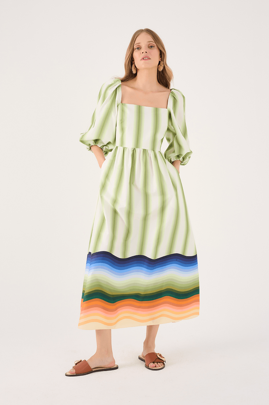 Multicolor Square Neck Cotton Midi Dress_3