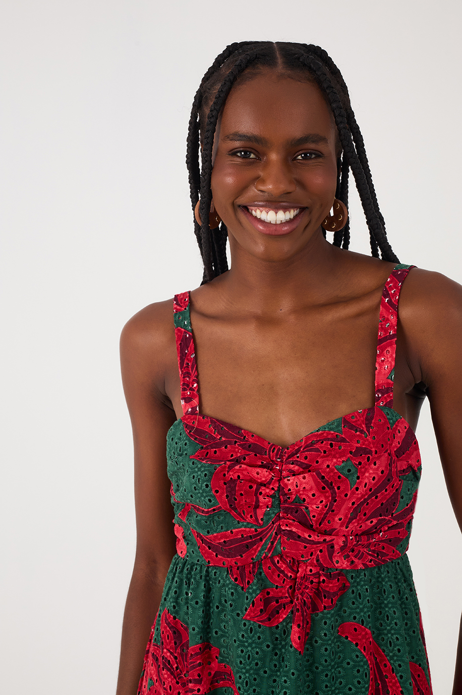 Green and Red Botanic Print Cropped Dress