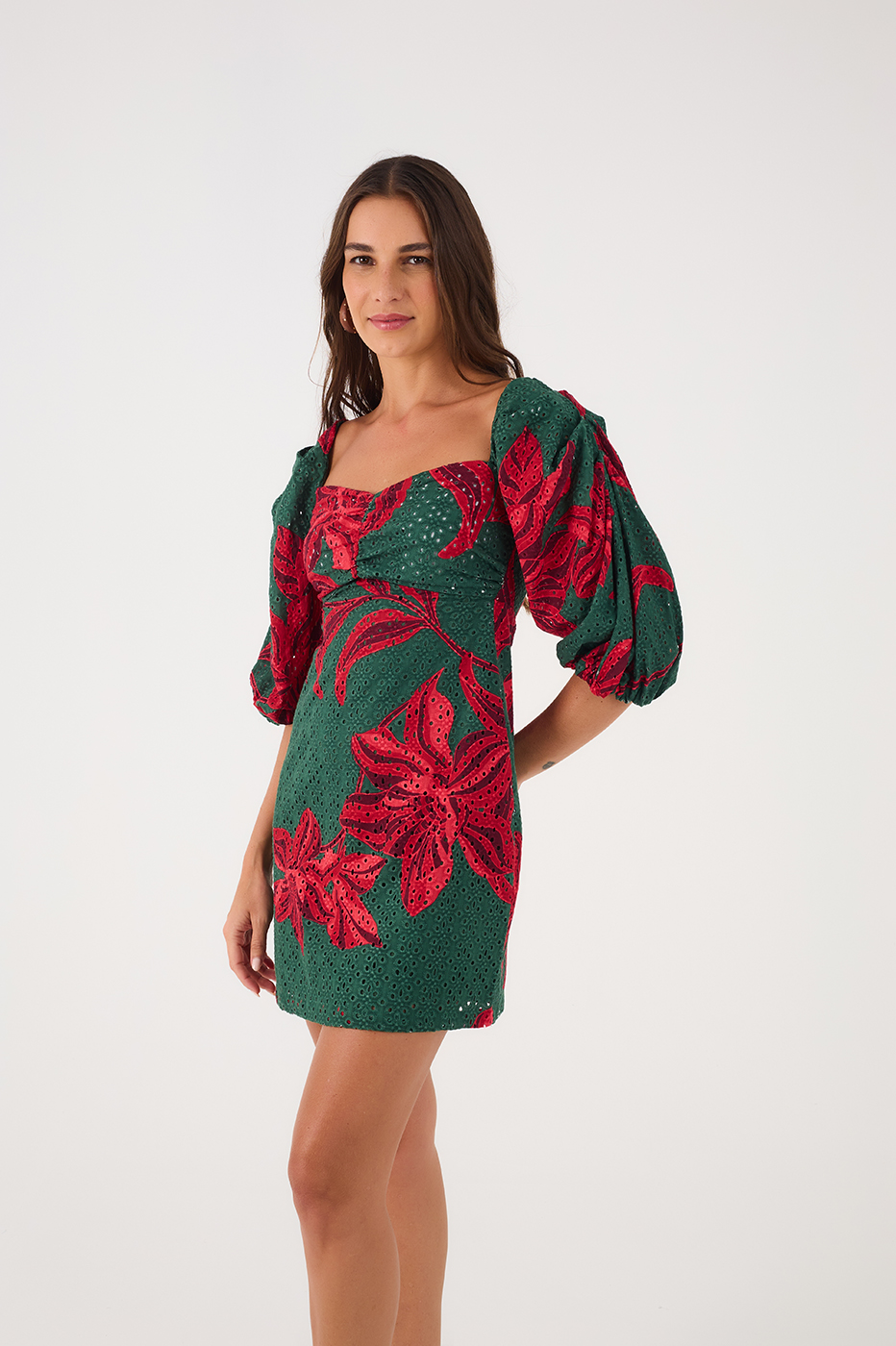Green Botanico Puff Sleeve Smocked Bodice Eyelet Mini Dress