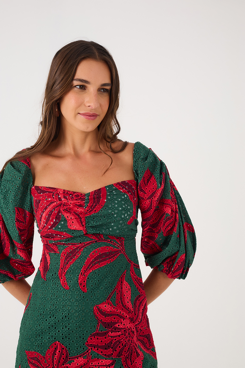 Green Botanico Puff Sleeve Smocked Bodice Eyelet Mini Dress