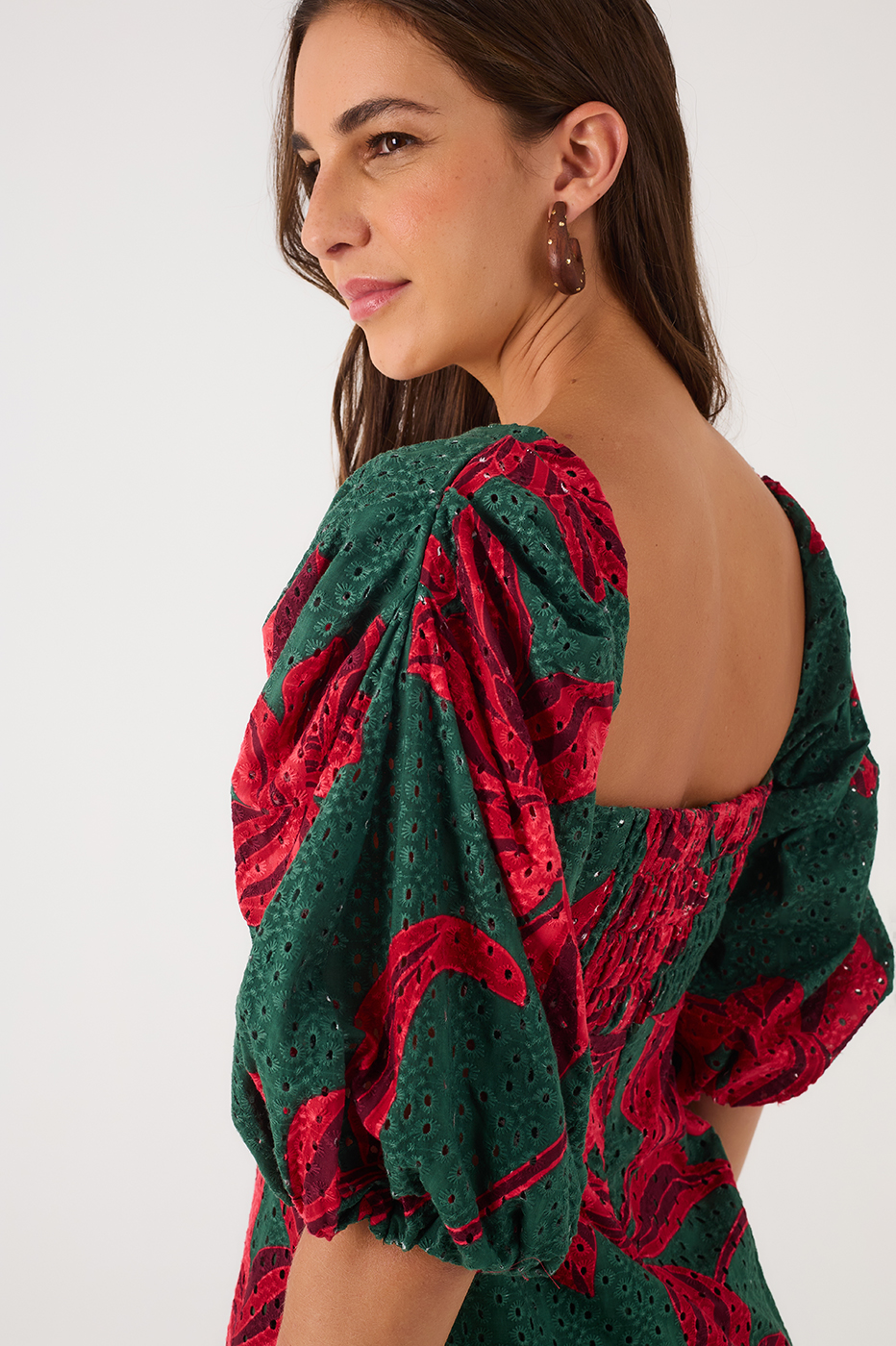 Green Botanico Puff Sleeve Smocked Bodice Eyelet Mini Dress