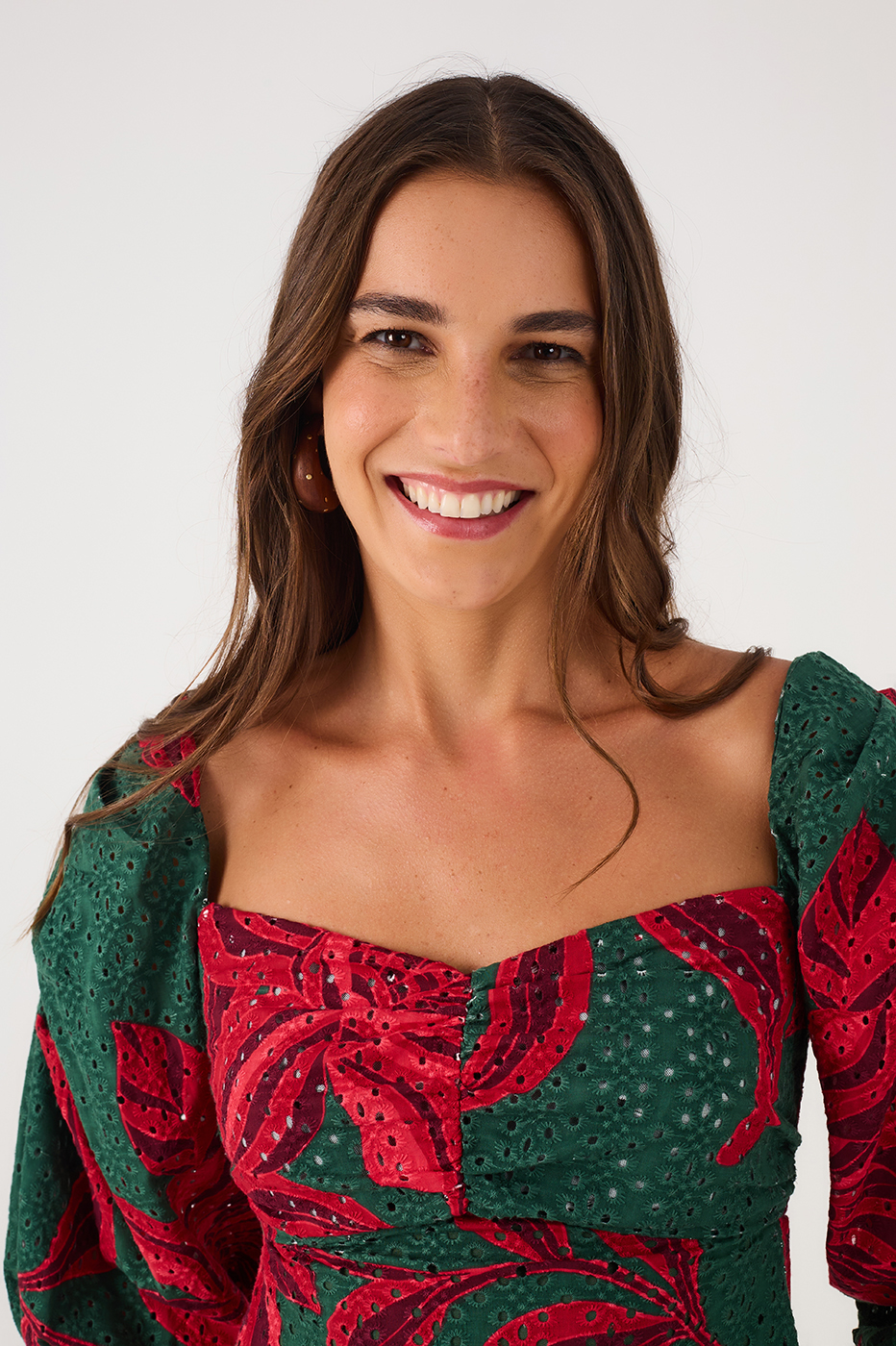 Green Botanico Puff Sleeve Smocked Bodice Eyelet Mini Dress