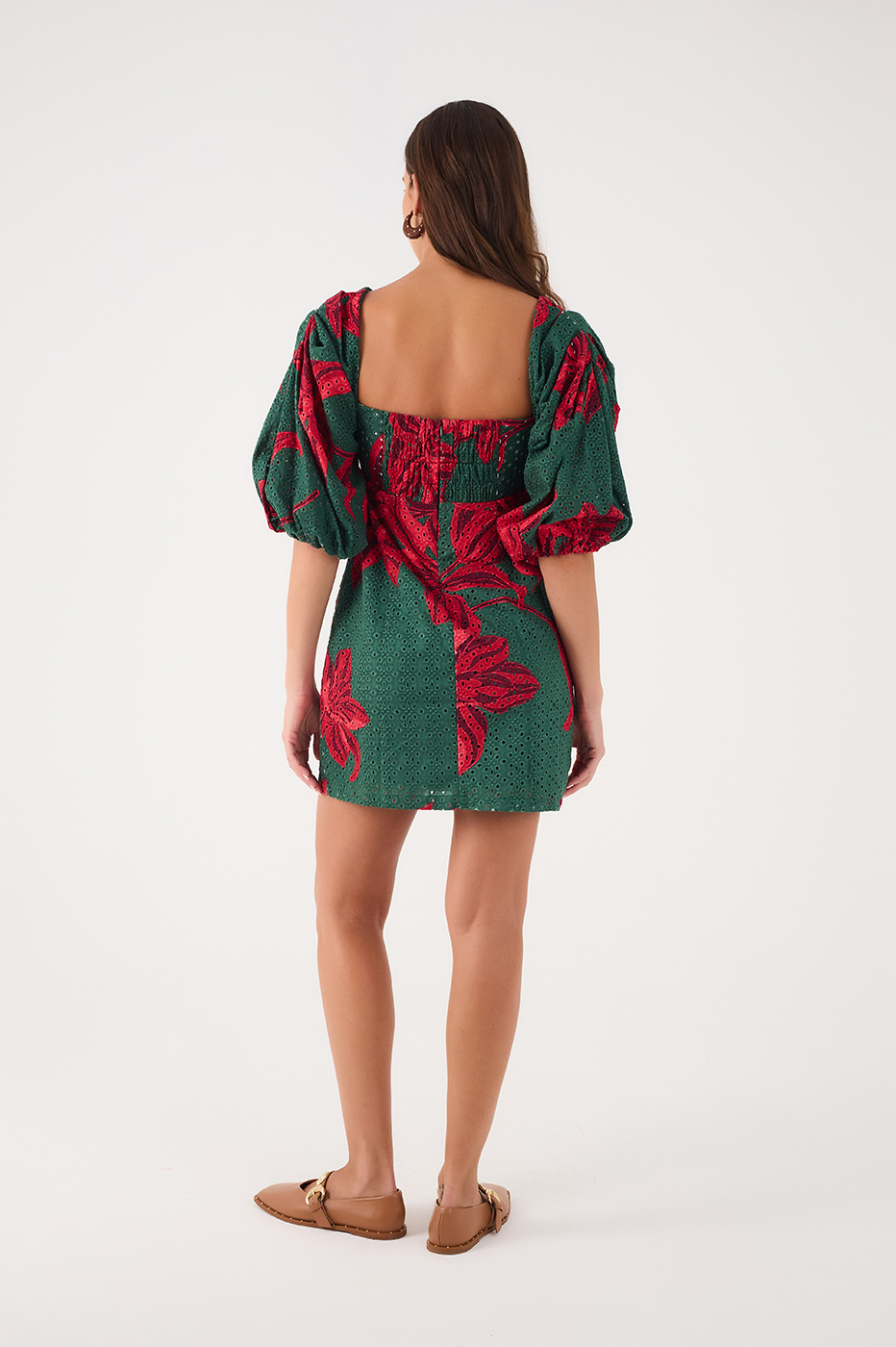 Green Botanico Puff Sleeve Smocked Bodice Eyelet Mini Dress
