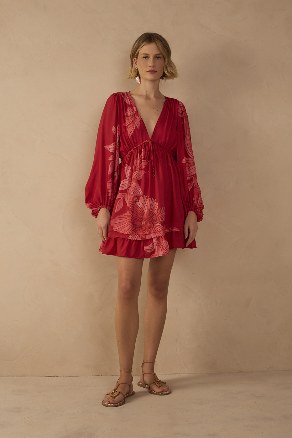 Red Orchid Plunging Neck Drawstring Waist Mini Dress