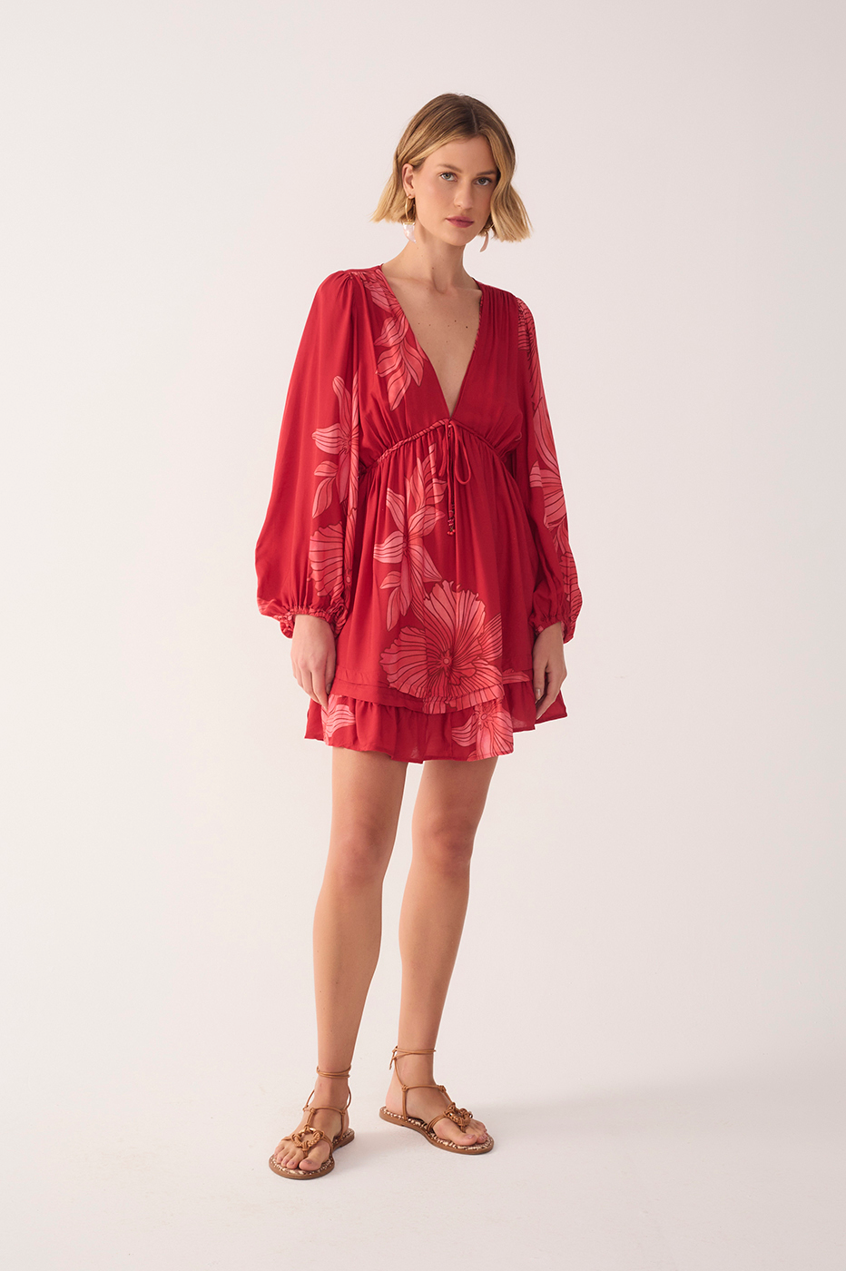 Red Orchid Plunging Neck Drawstring Waist Mini Dress