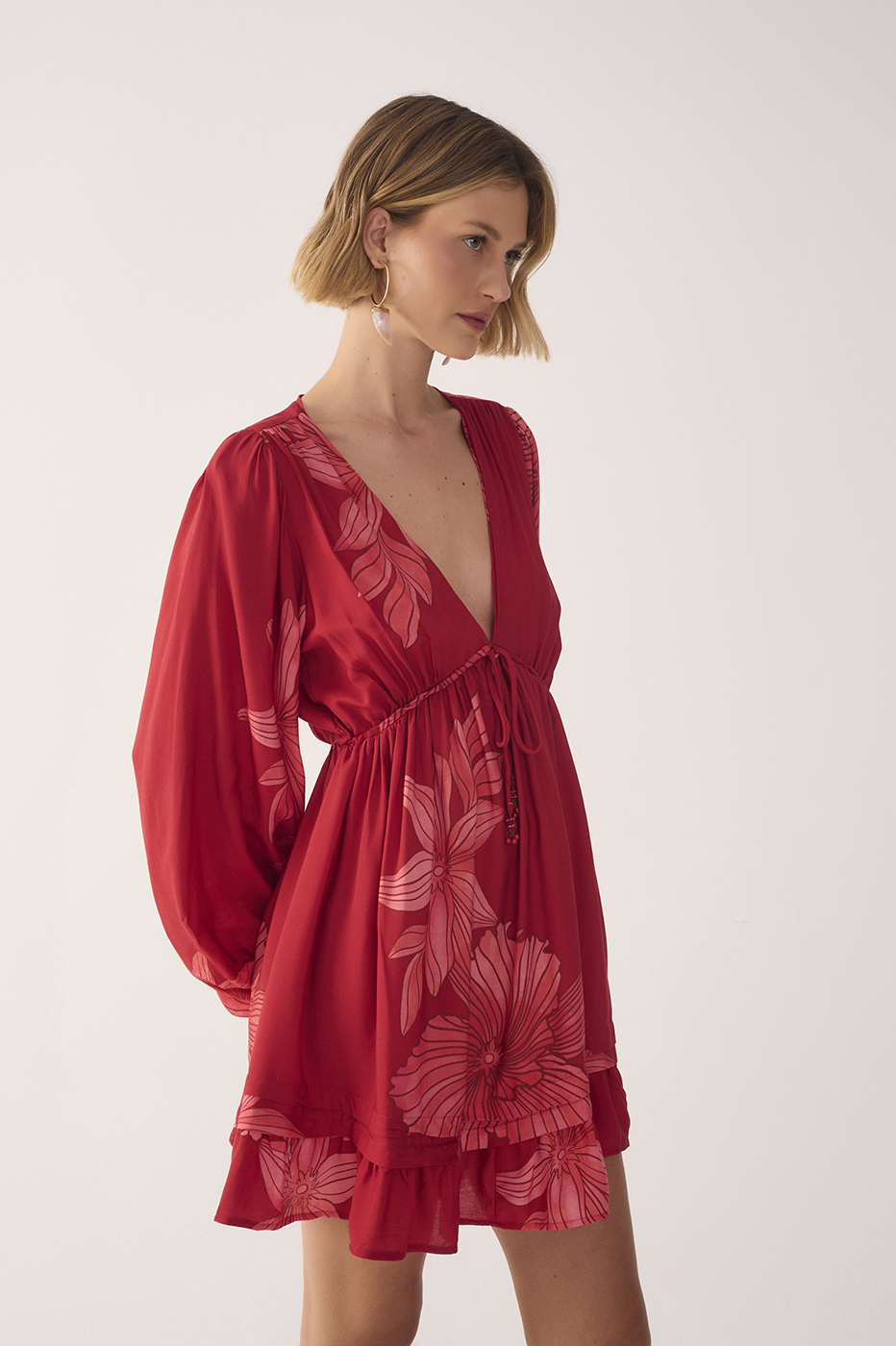 Red Orchid Plunging Neck Drawstring Waist Mini Dress
