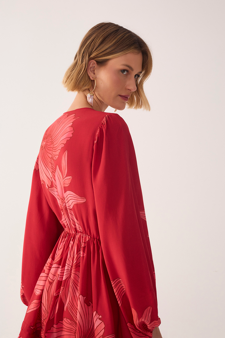 Red Orchid Plunging Neck Drawstring Waist Mini Dress