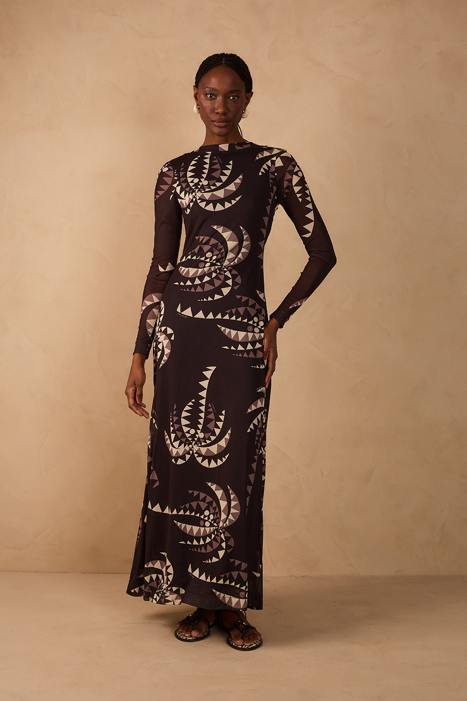 Brown Coqueiral Crew Neck Long Sleeve Tulle Maxi Dress