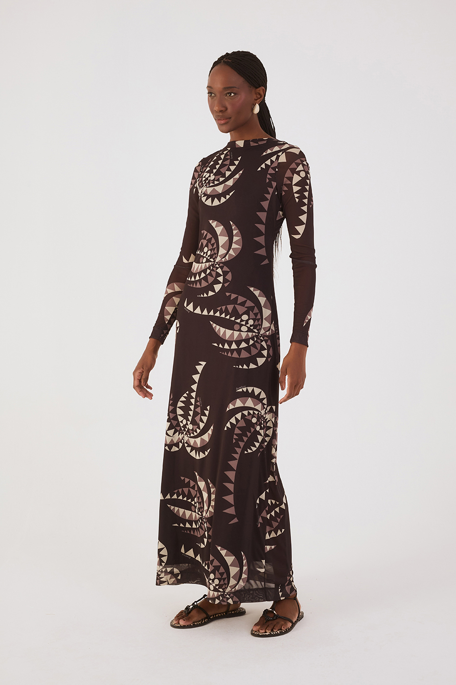 Brown Coqueiral Crew Neck Long Sleeve Tulle Maxi Dress