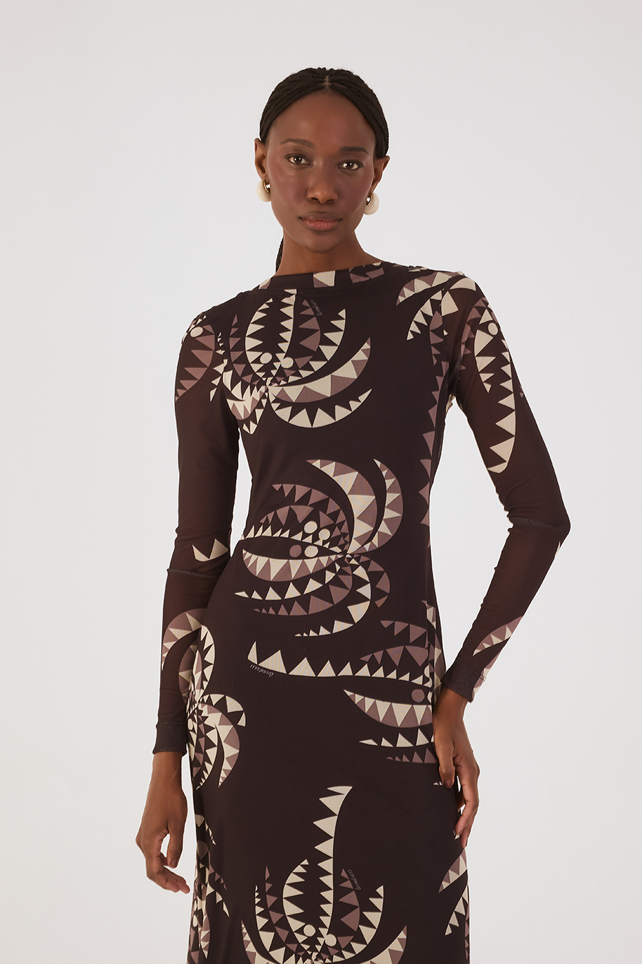 Brown Coqueiral Crew Neck Long Sleeve Tulle Maxi Dress
