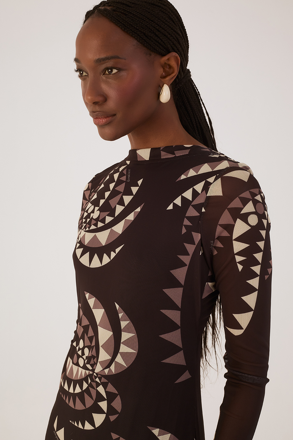 Brown Coqueiral Crew Neck Long Sleeve Tulle Maxi Dress
