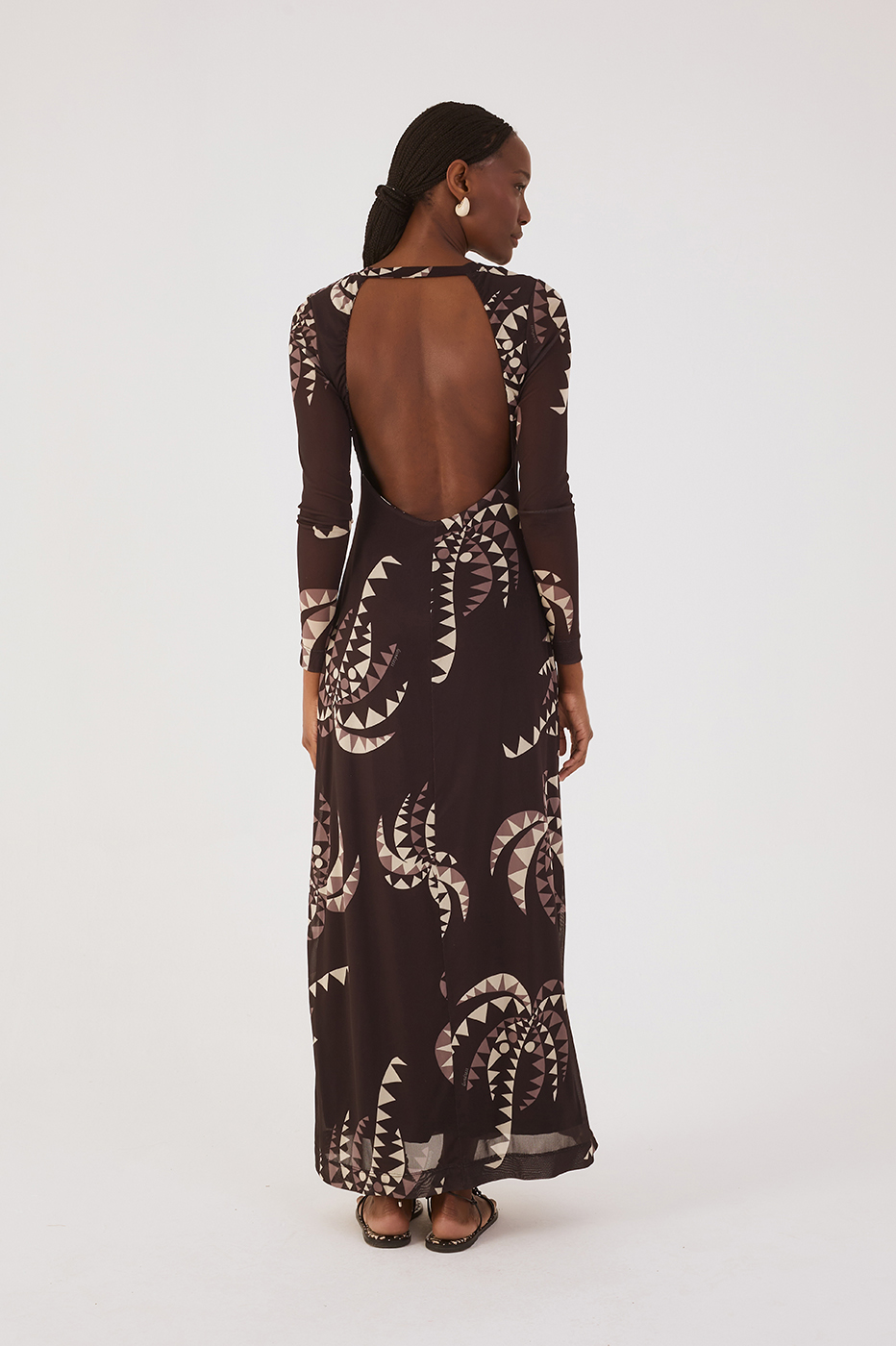 Brown Coqueiral Crew Neck Long Sleeve Tulle Maxi Dress
