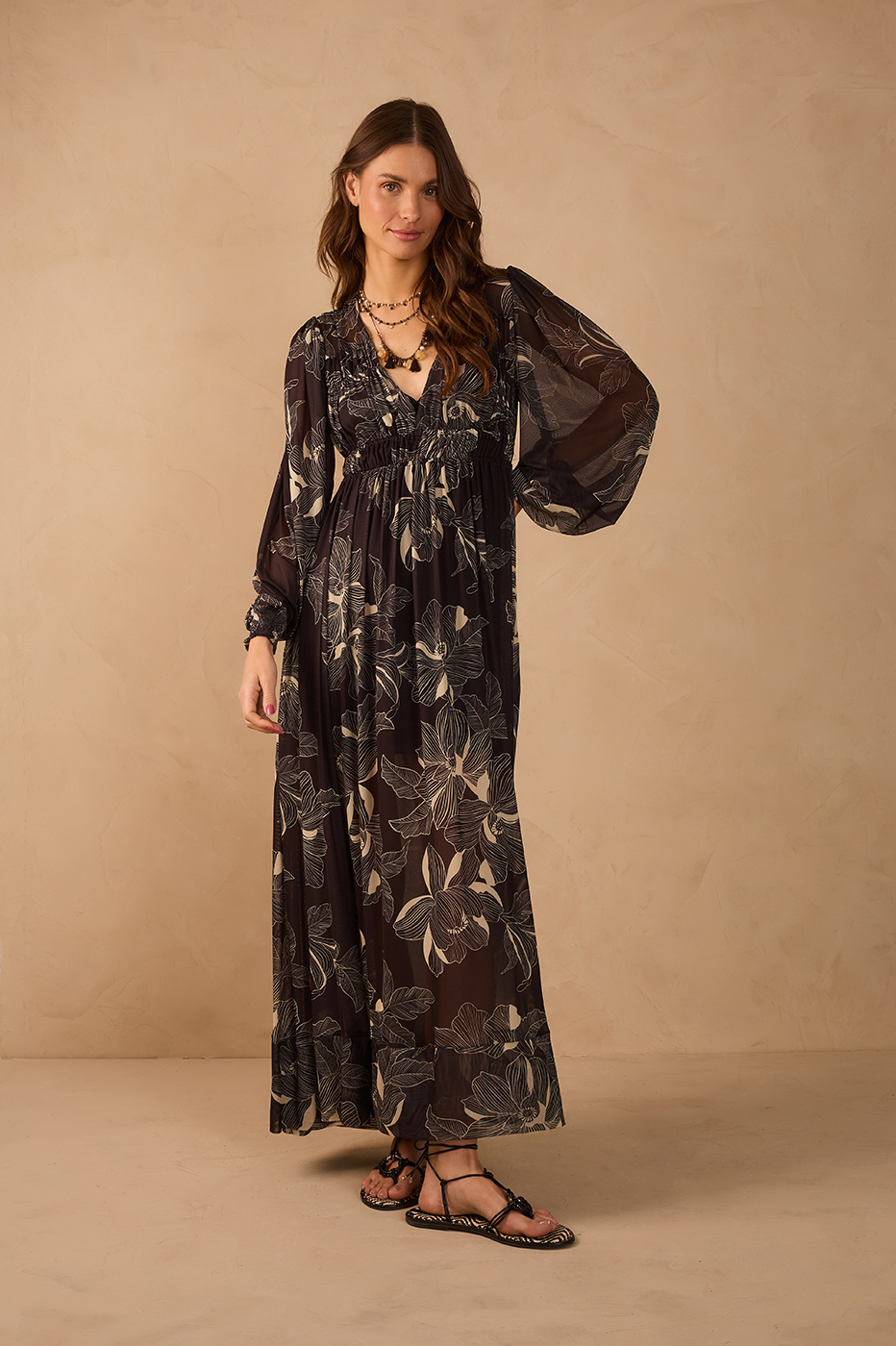 Brown Flora Elastic Waist Smocked Cuffs Tulle Maxi Dress