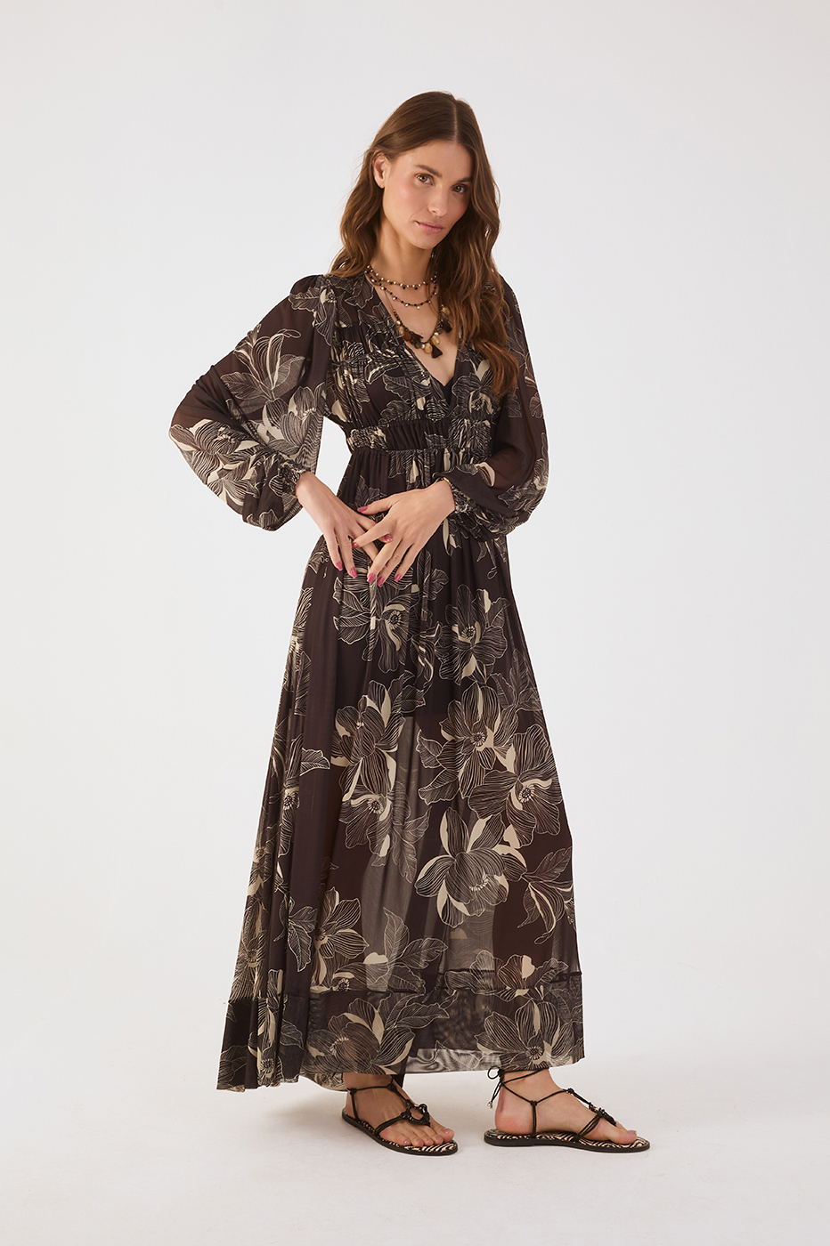 Brown Flora Elastic Waist Smocked Cuffs Tulle Maxi Dress