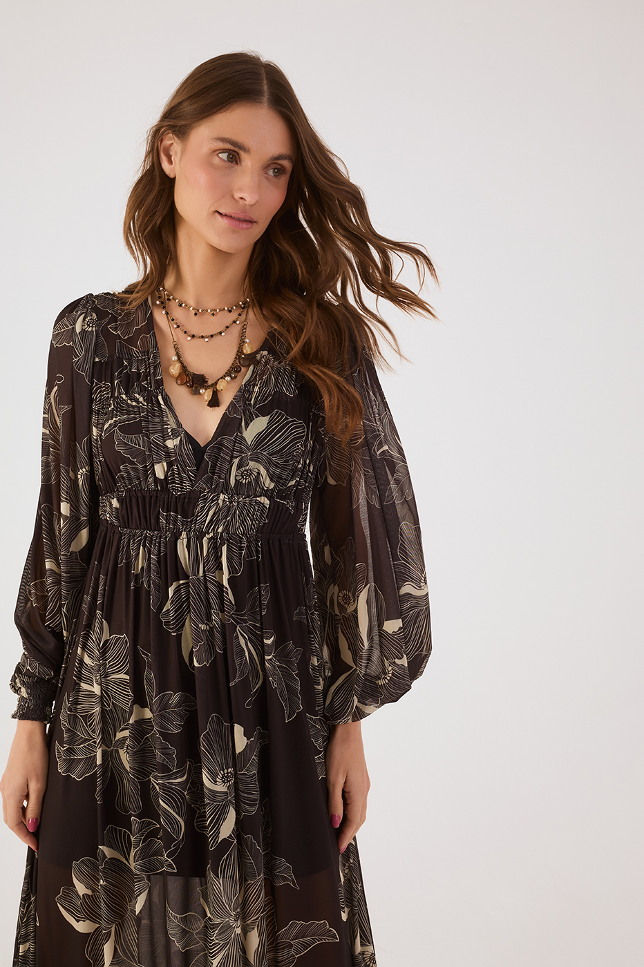 Brown Flora Elastic Waist Smocked Cuffs Tulle Maxi Dress
