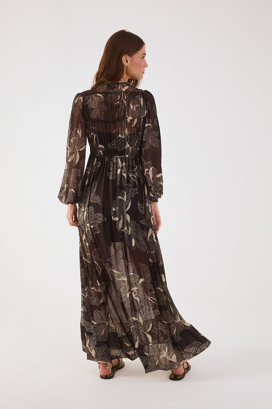 Brown Flora Elastic Waist Smocked Cuffs Tulle Maxi Dress