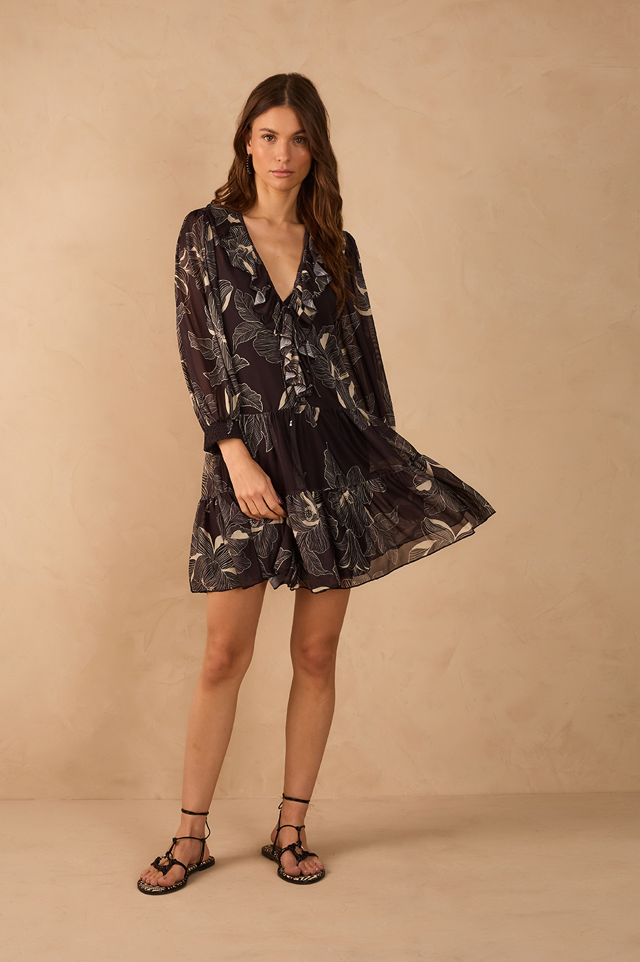 Brown Flora V Neck Ties Ruffle Tulle Mini Dress_1