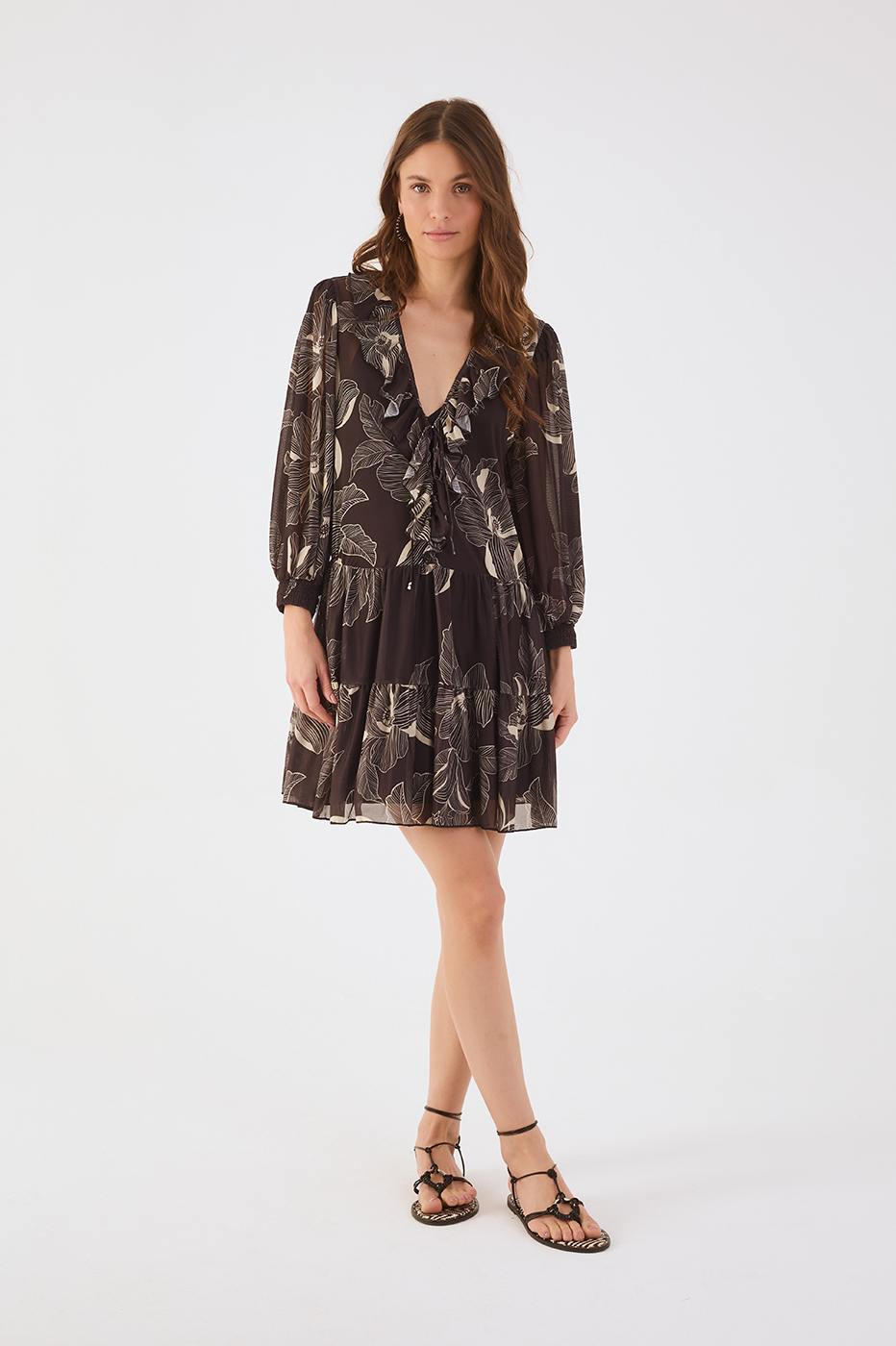 Brown Flora V Neck Ties Ruffle Tulle Mini Dress