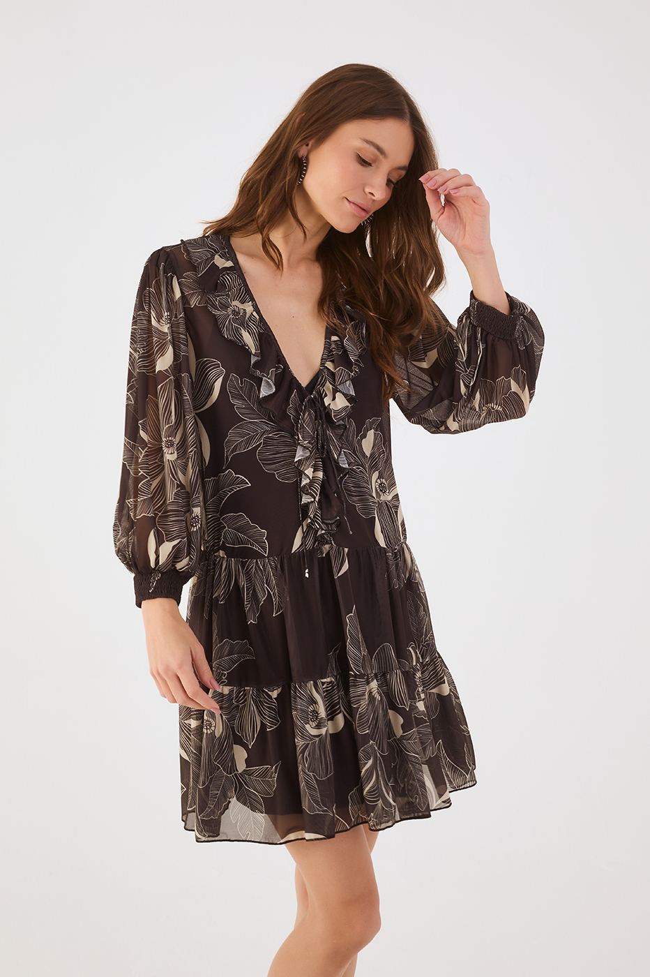 Brown Flora V Neck Ties Ruffle Tulle Mini Dress