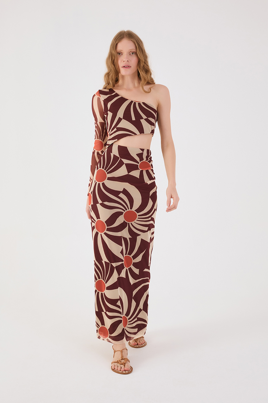 Brown Sunset Cut-Out One-Shoulder Tulle Maxi Dress