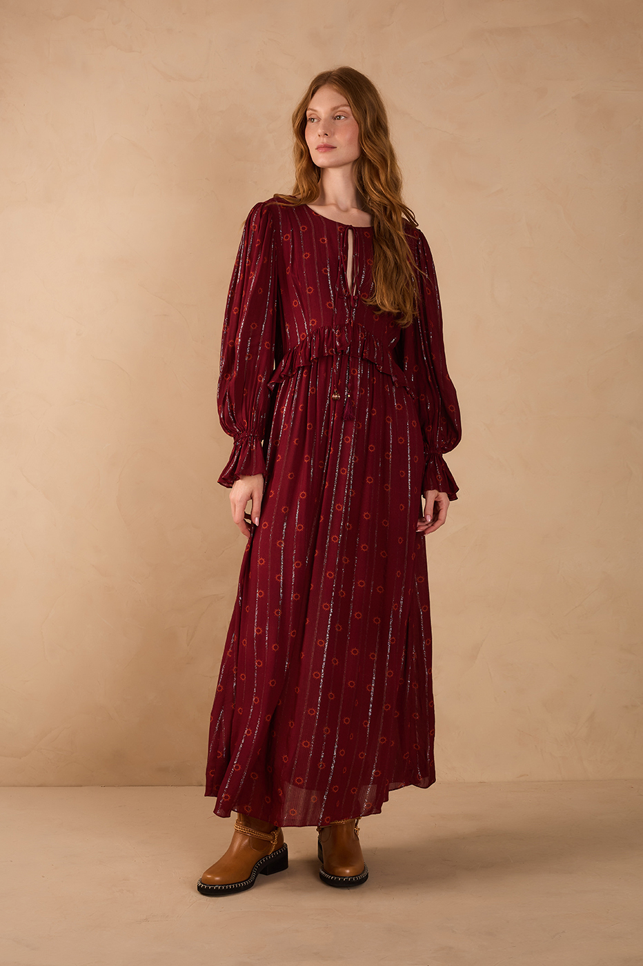 boho ruffle maxi dress Marsala Solar Lurex Front Ties Color:Nutmeg-8 Ruffled tiered around skirt 2123 Men's Basic Solid Color