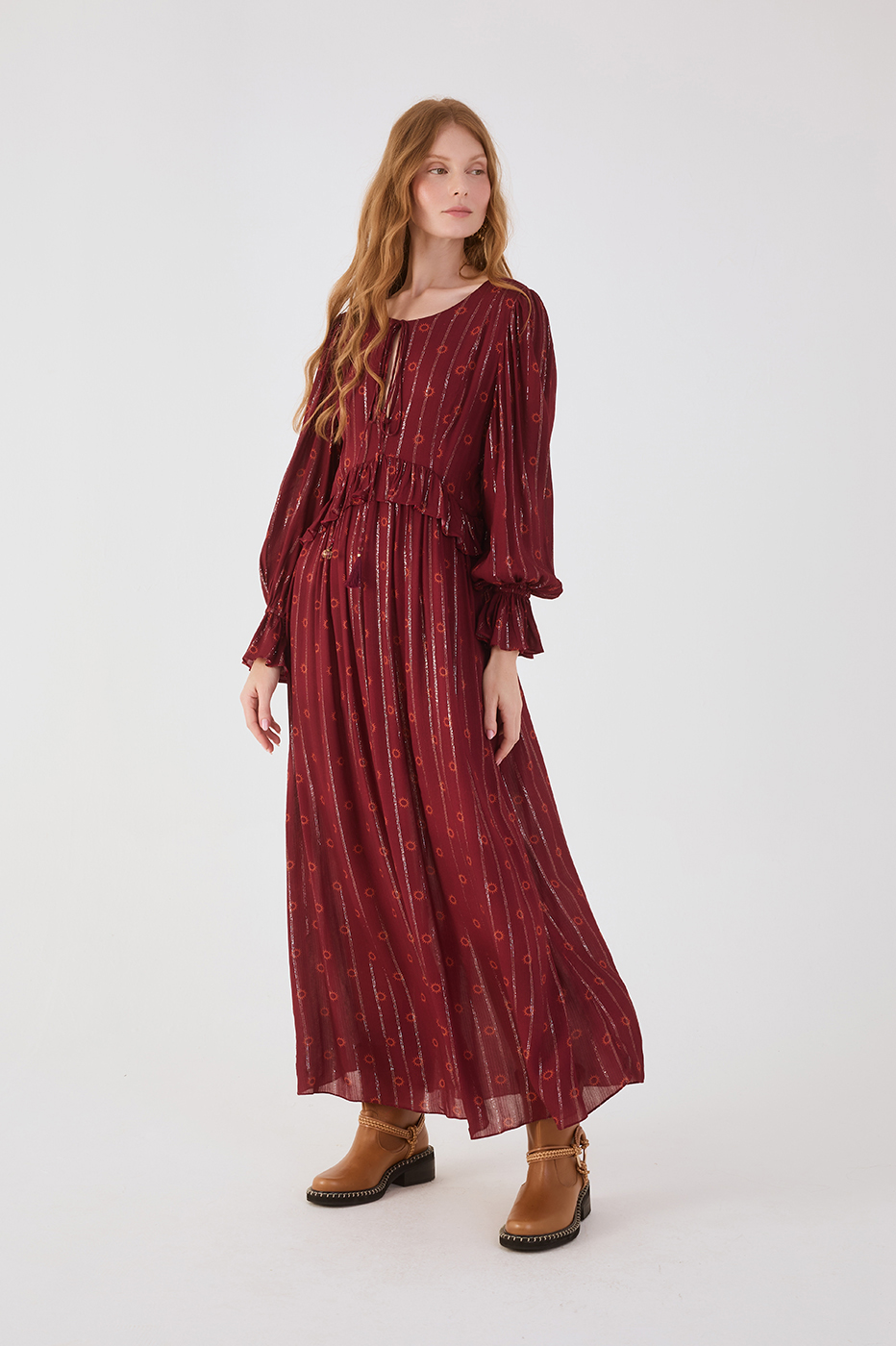 Marsala Solar Boho Lurex Front Ties Ruffle Maxi Dress - Marsala Solar / M Marsala Solar Boho Lurex Front Ties Ruffle Maxi Dress - Marsala Solar / M