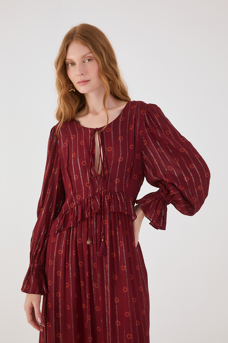 Marsala Solar Boho Lurex Front Ties Ruffle Maxi Dress