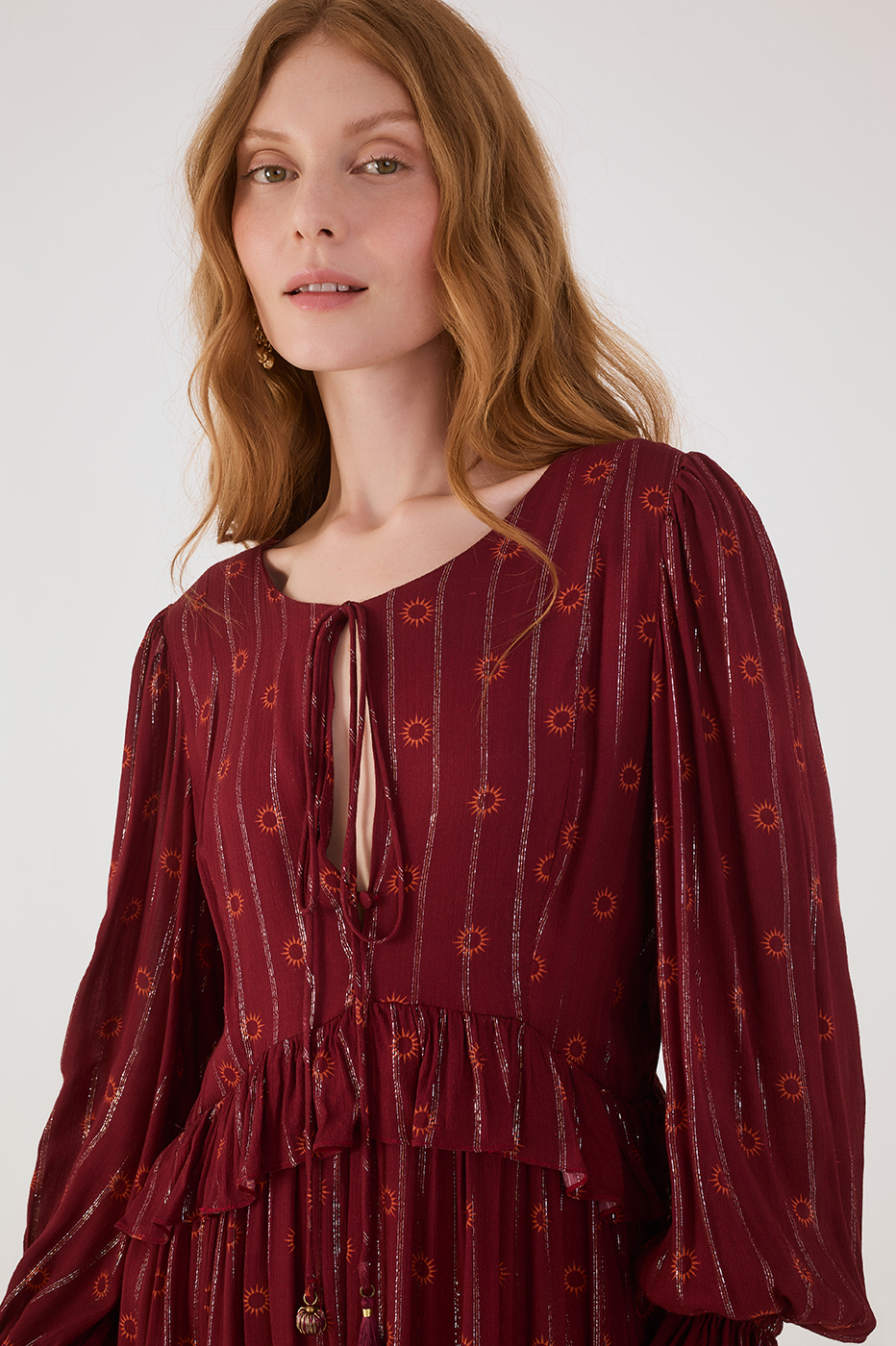 Marsala Solar Boho Lurex Front Ties Ruffle Maxi Dress