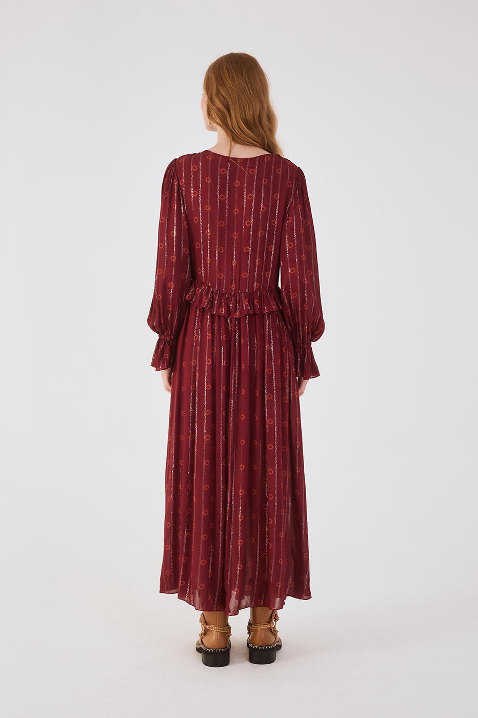 Marsala Solar Boho Lurex Front Ties Ruffle Maxi Dress